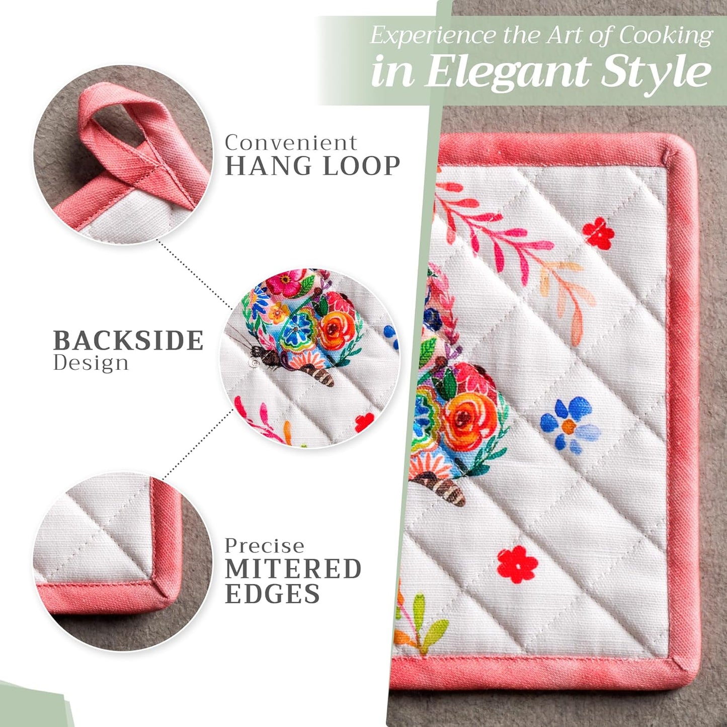 Maison d' Hermine Pot Holders 100% Cotton Heat Resistant Potholders 8" x 8" Hot Pads with Loop BBQ, Cooking, Grilling, Kitchen, Handling Hot Pans Spring/Summer (Pack of 1, Happy Florals - High Summer)