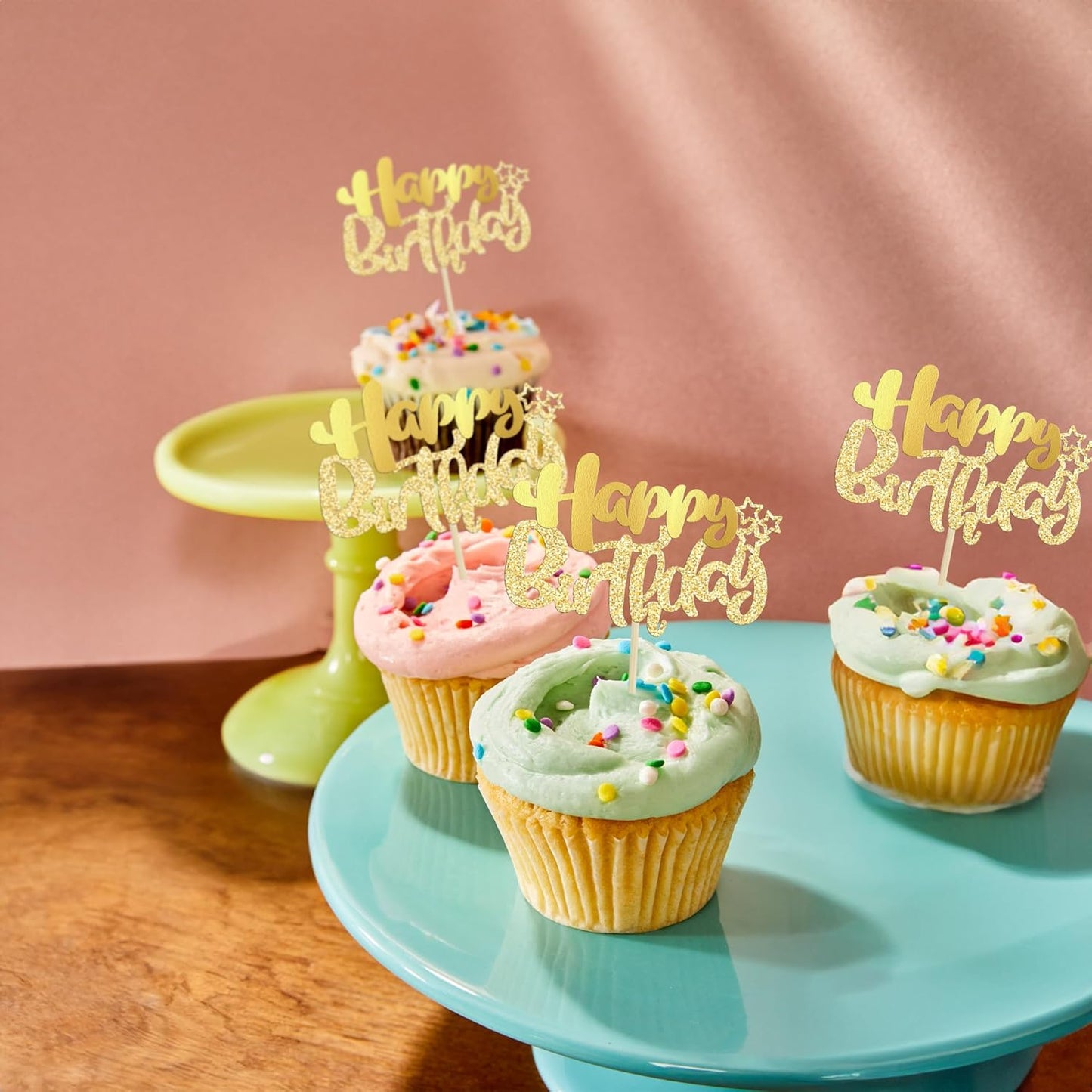 Ephlyn 24Pcs Gold Metallic Happy Birthday Cupcake Toppers for Birthday, Baby Shower & Anniversary Parties