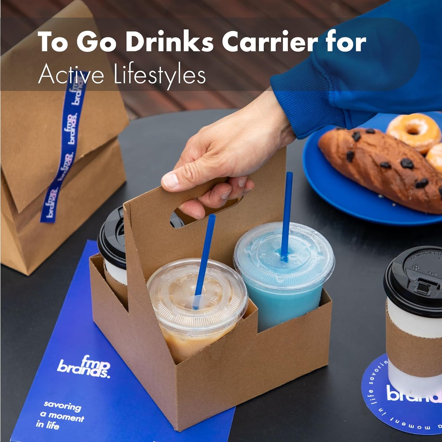 FMP Brands 4 Cup Disposable Drink Carrier with Handle, 25 Pack Kraft Paperboard Handled Drink Carriers 12-30 oz to Go Coffee Cup Holder, Cup Carrier for Cold Hot Drinks, Takeout, Cafe and Restaurant