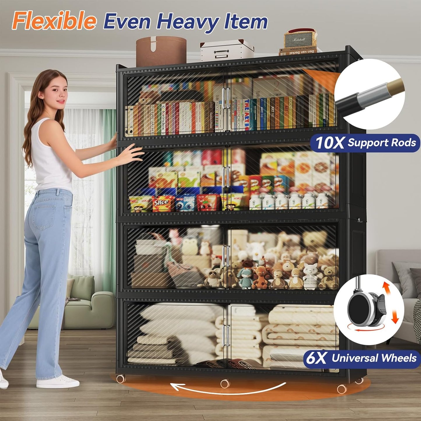 240GAL Extra Large Stackable Storage Bins with Lid, 960QT Plastic Storage Bins with 6x Wheels, Collapsible Closet Organizer and Storage Drawer Cabinet for Living Room Office Dorm, 3Pack Black