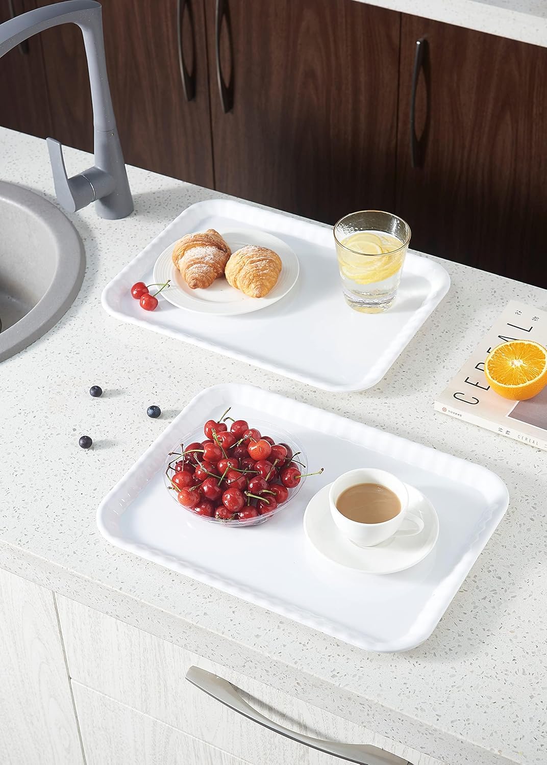 Blue Boat 15" x 11" Rectangular Serving Trays Set of 4 White, Melamine Serving Platter, Light Weight Easy to Clean Sturdy Stackable BPA-Free Dishwasher Safe