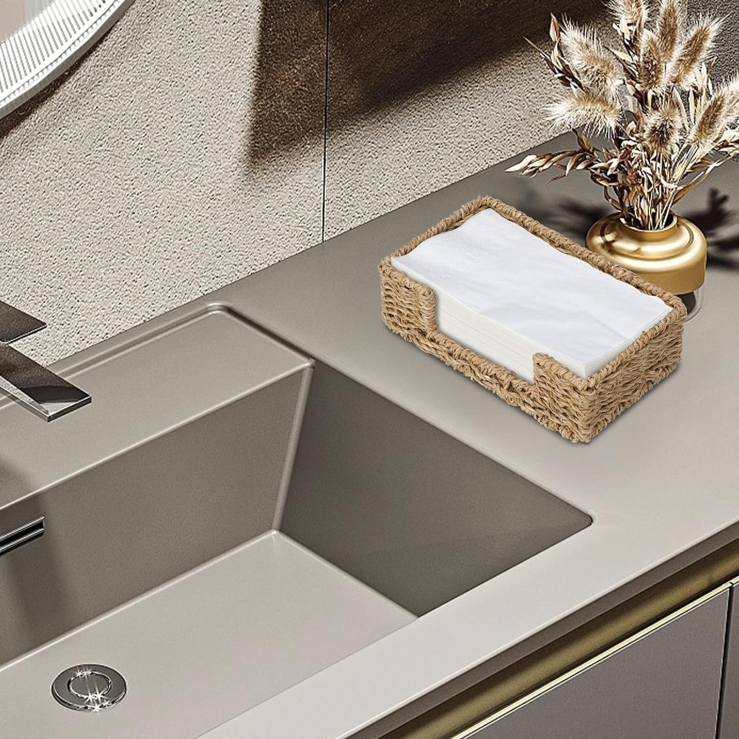 Bathroom Disposable Guest Towel Napkin Holder Long Seagrass Woven Rattan Wicker Table Dinner Paper Hand Guest Towel Napkin Basket Tray Caddy for Kitchen