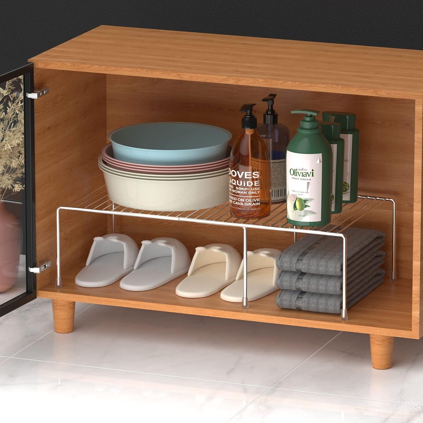 Redrubbit Cabinet Storage Shelf Rack, Expandable Metal Rustproof Kitchen Counter and Cabinet Shelf, Storage Rack Organizer Space Saver for Kitchen, Fridge, Cabinet, Bathroom, Chrome, Set of 4