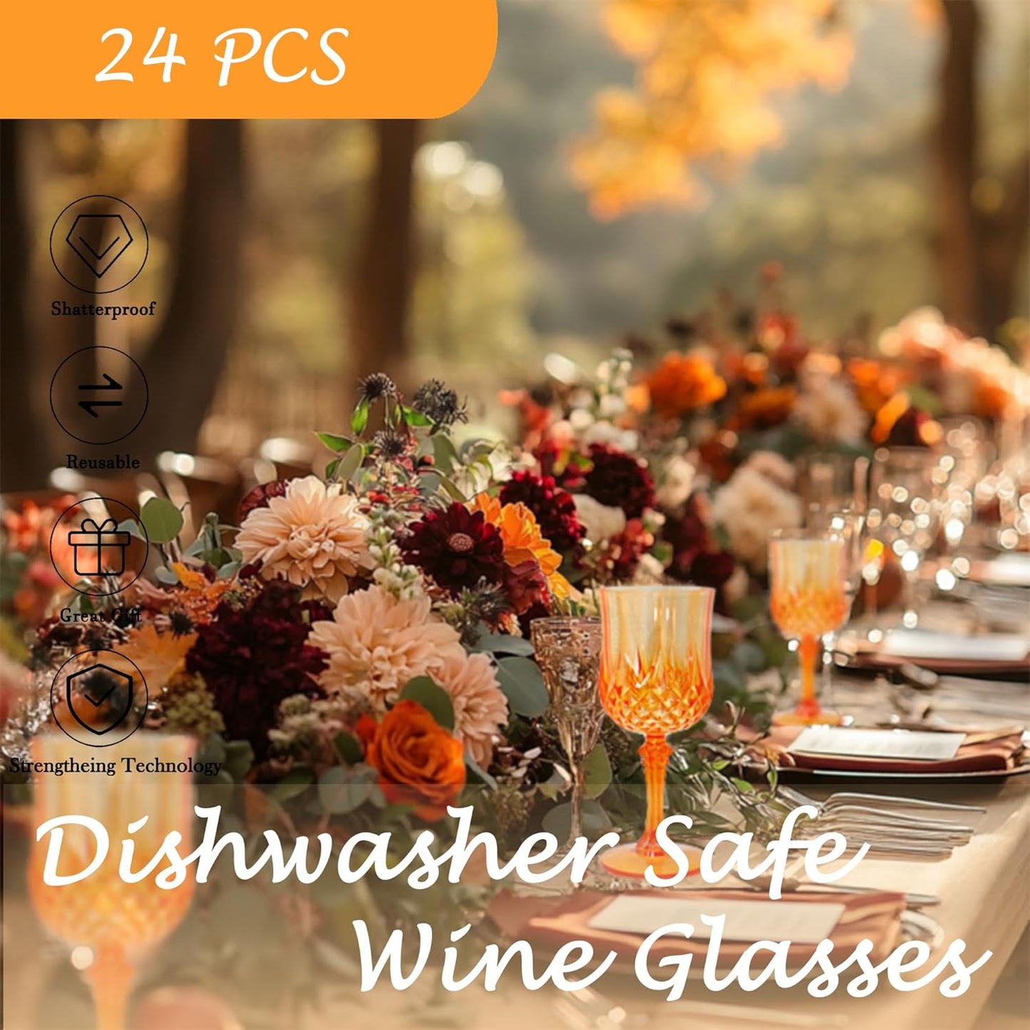 Plastic Wine Glasses,Plastic Goblets Vintage Style Cordial Drinking Glasses for Wedding Reception, Grand Event Party Supplies (24, Pumpkin orange)