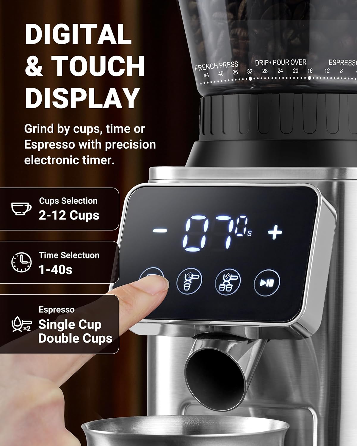 AMZCHEF Coffee Grinder, Burr Coffee Bean Grinder for Home Use with 48 Precise Grind Settings, Detachable Funnel Stand for Espresso, LED Control Panel, Anti-static Design, silver