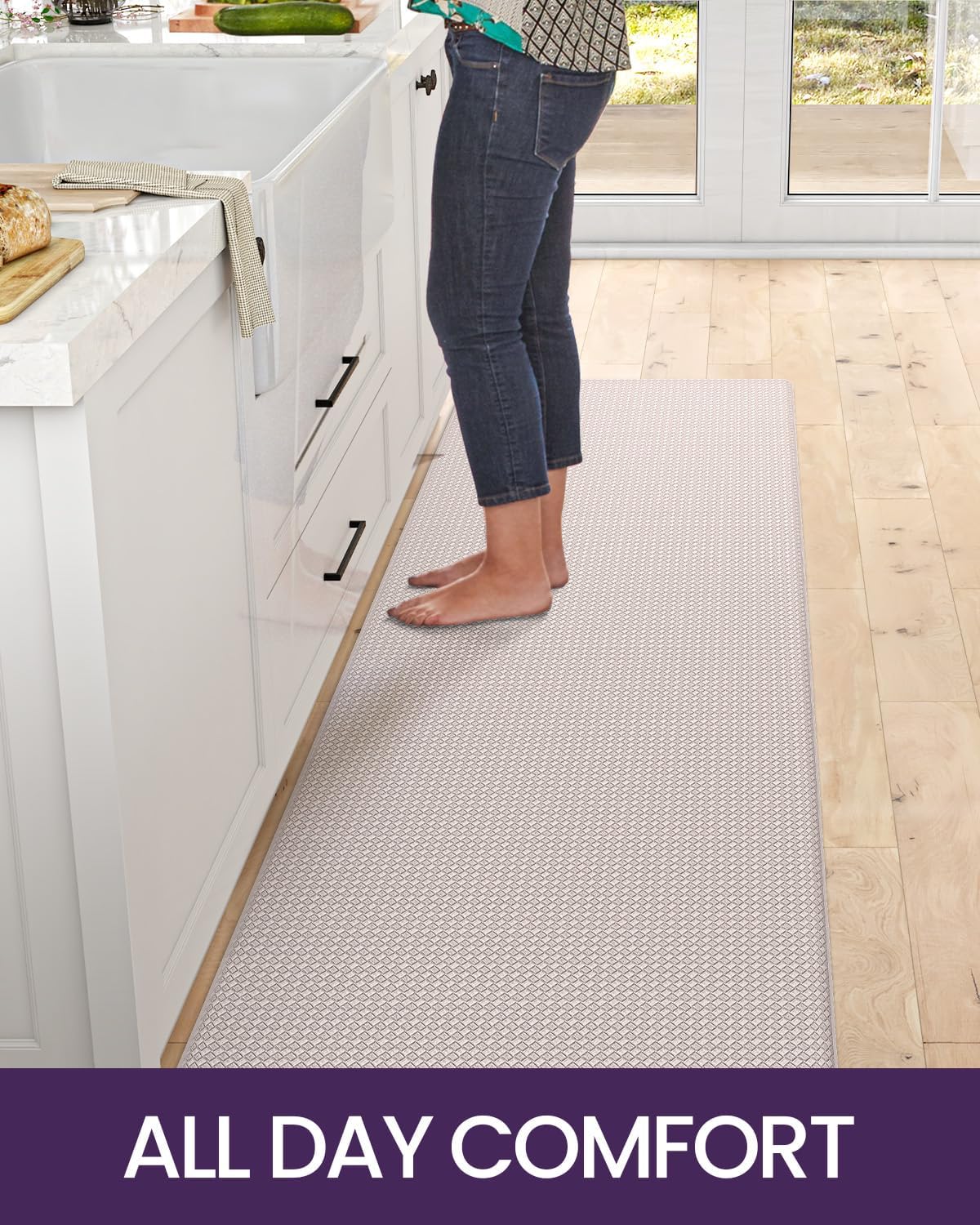 DEXI Kitchen Floor Mats Cushioned Anti Fatigue, 23x86, Large Long Standing Runner Rug Waterproof, Comfort Memory Foam Padded for Front Sink Laundry, Beige White