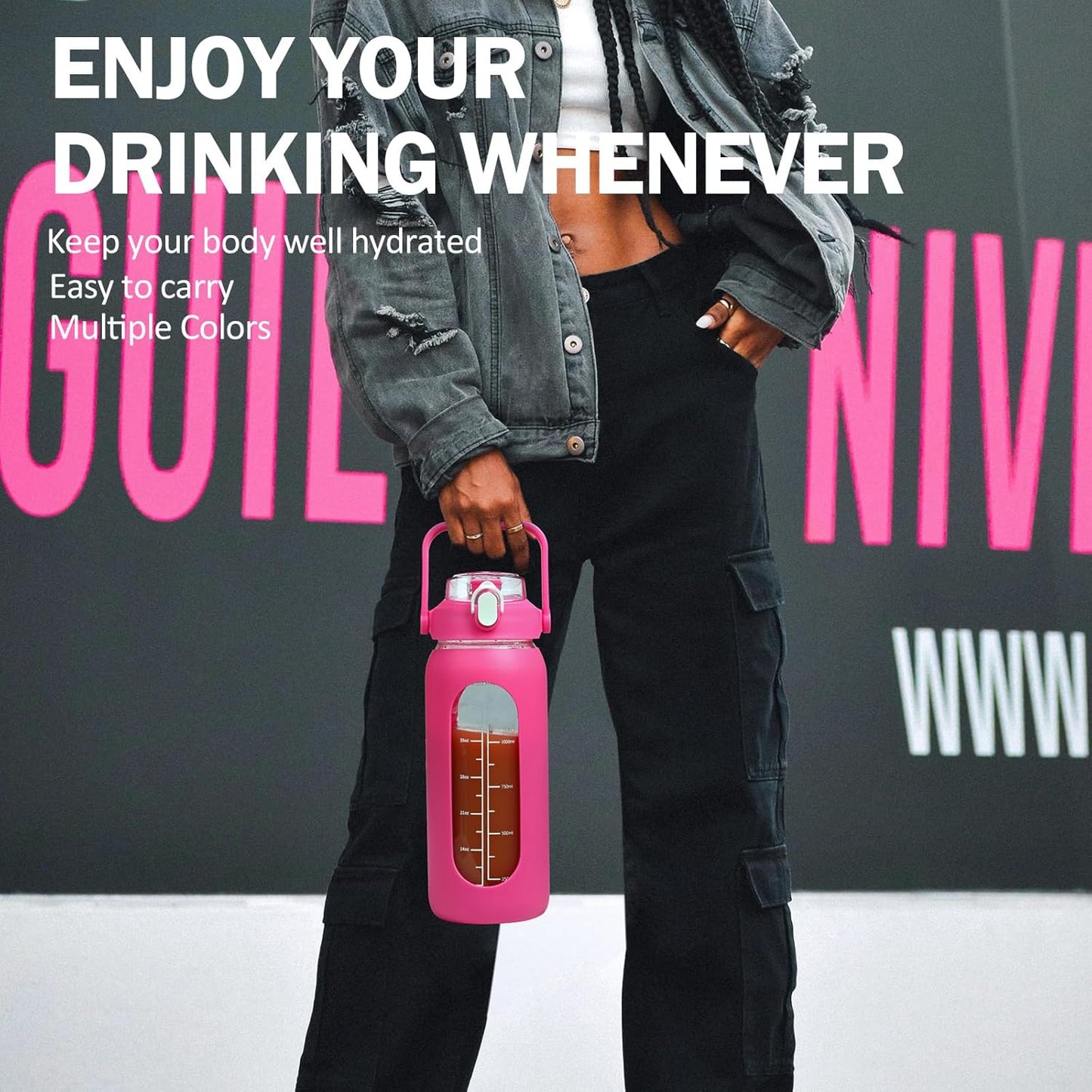 kytffu 56oz Glass Water Bottles with Straw, Motivational Glass Bottle with Silicone Sleeve and Time Marker, Leakproof Large Glass Water Jug for Gym Home Office,Rose red