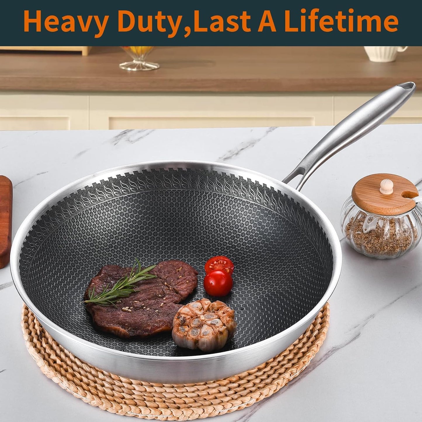 DELARLO Tri-Ply Stainless Steel Wok Pan With Lid 13 Inch, Oven Safe Up to 600℉,Woks & Stir-Fry Pans Nonstick Wok, Deep Frying Pan Efficent Fast Even Heating