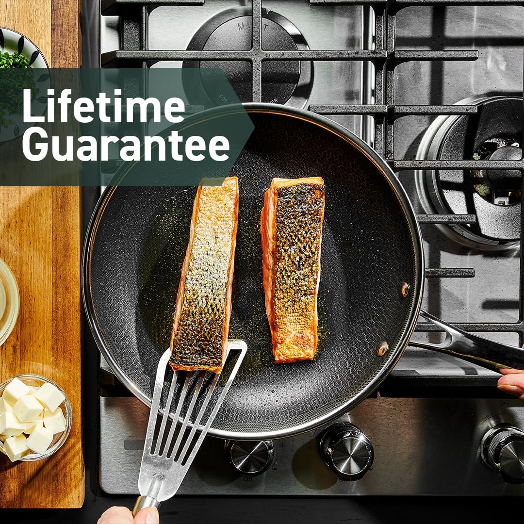 HexClad Hybrid Nonstick 10-Inch Frying Pan with Tempered Glass Lid, Stay-Cool Handle, Dishwasher-Friendly, Oven-Safe Up to 900°F, Induction Ready, Compatible with All Cooktops