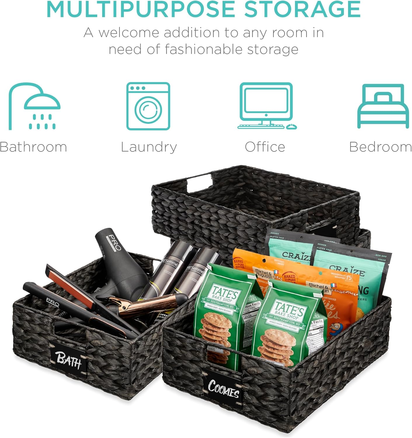 Best Choice Products Set of 4 16x12in Large Water Hyacinth Pantry Baskets, Woven Organizers w/Chalkboard Label, Chalk Marker - Black