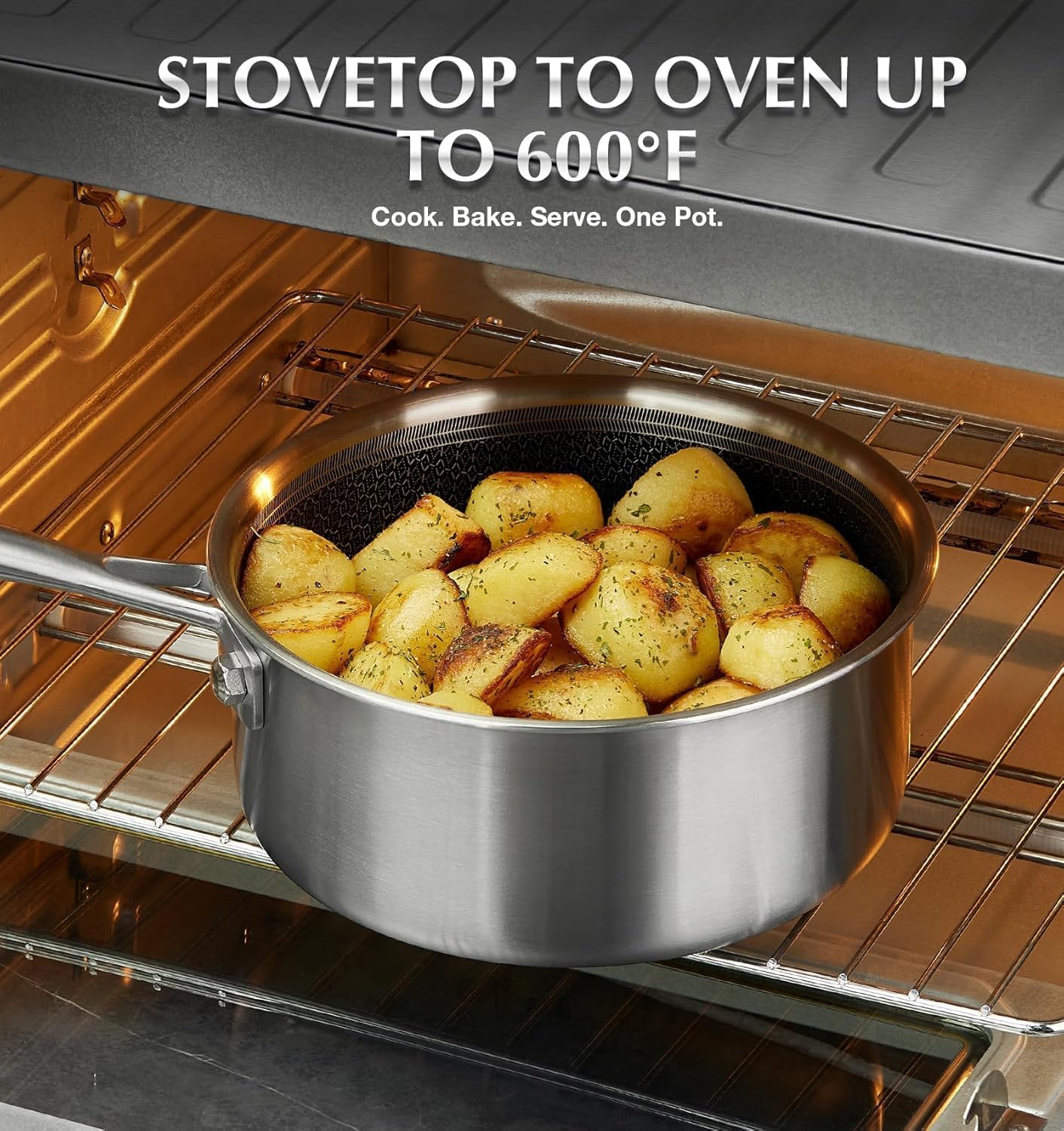 KOCH SYSTEME CS Hybrid Nonstick Stainless Steel Sauce Pan 3QT, Tri-ply Stainless Steel Pot with Honeycomb Interior, Hybrid Sauce Pan with Lid, 18/10 Steel Pot, Induction Compatible