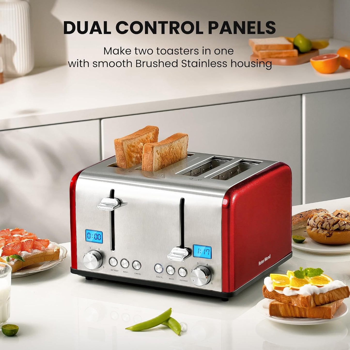 Countdown Stainless Steel 4 Slice Toaster with Bagel, Defrost, Cancel Function, Dual Toaster, Extra Wide Slots, 6 Shade Settings, Removable Crumb Trays, 1650W, Red