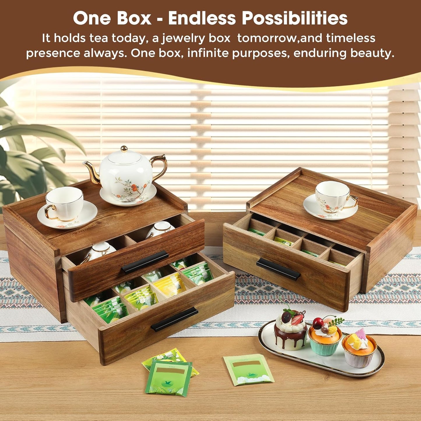 Double-Drawer Acacia Wood Tea Bag Organizer - Tea Box with Drawer, Tea Accessories for Tea Organizers and Storage Box, Tea Station Chest Caddy for Countertop Cabinet Office (16-Compartment, Gift Box)