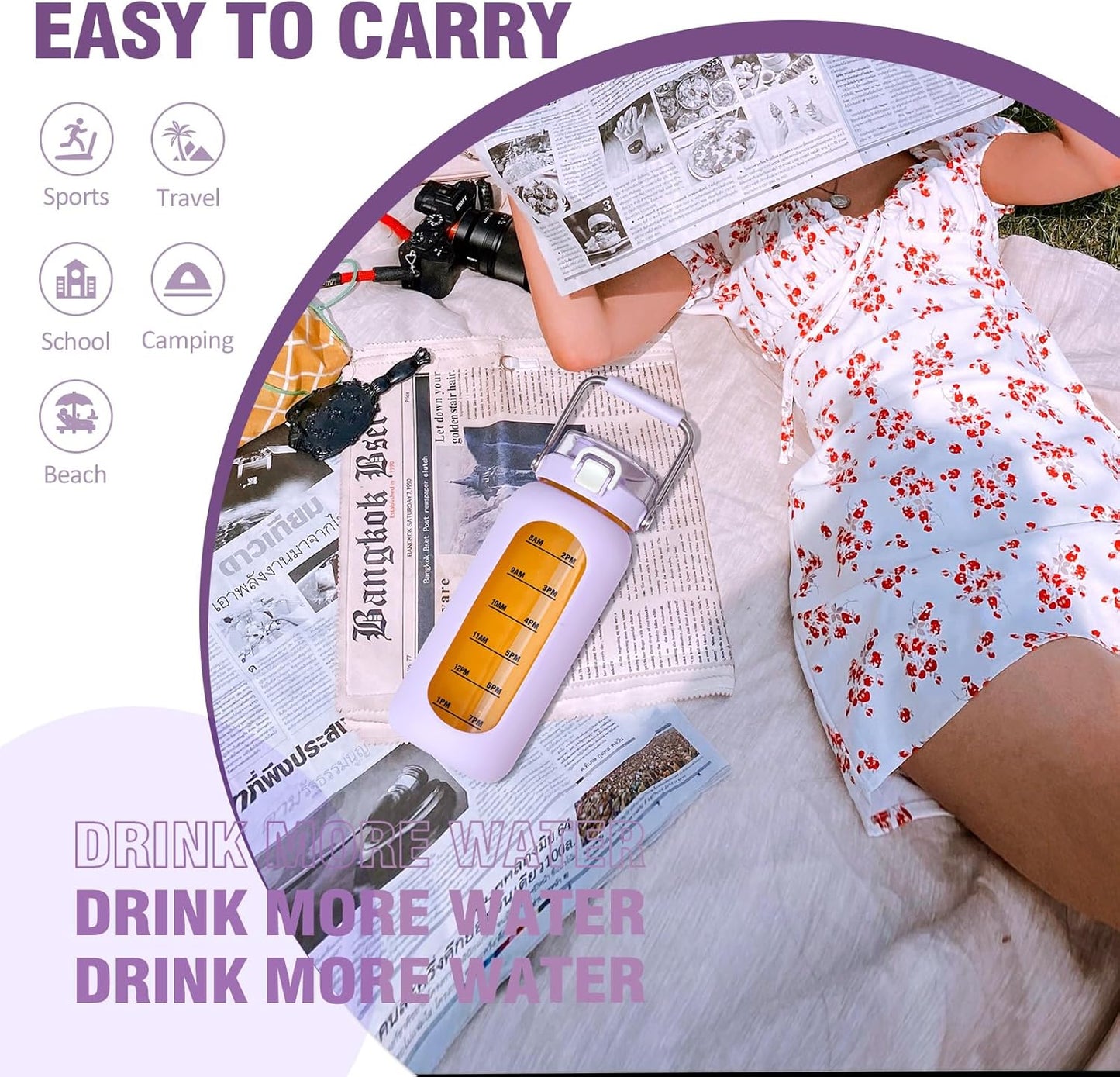 Kytffu 64 oz Glass Water Bottle with Straw and Stainless Steel Handle, Half Gallon Water Bottle with Silicone Sleeve and Time Marker, 2L Large Glass Bottle for Gym, School, Travel, Leak-proof (Purple)