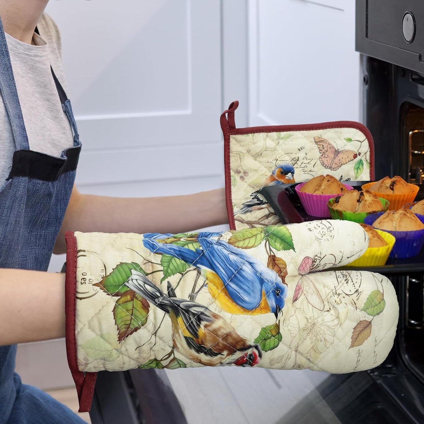 Vintage Bird Oven Mitts and Pot Holders Sets 2Pcs, 100% Cotton Heat Resistant, Extra Long Oven Gloves Potholder for Kitchen Cooking Baking Decoration