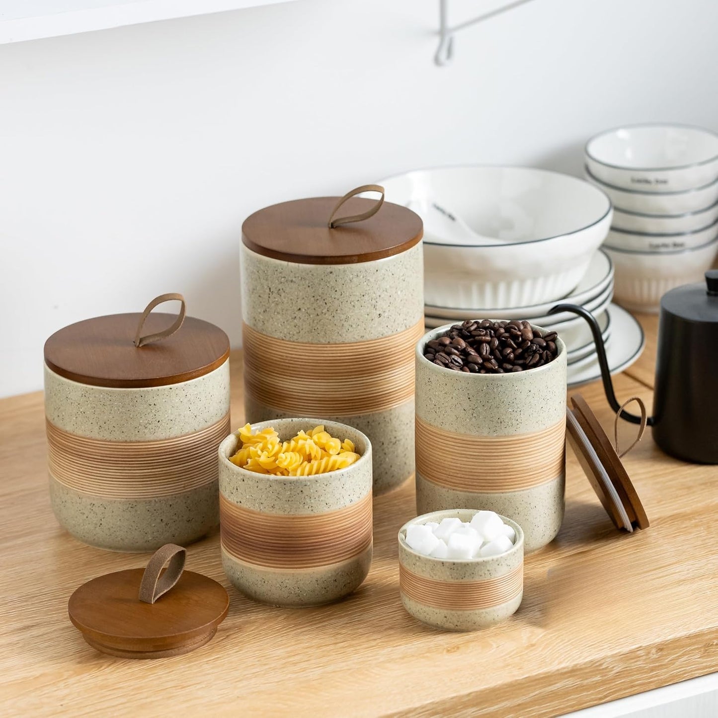 Large Storage Containers with Lids, Ceramic Coffee Container Kitchen Food Storage Jars for Spice Sugar Tea Bag, Stackable Decorative Jars for Counter, 61 fl.oz