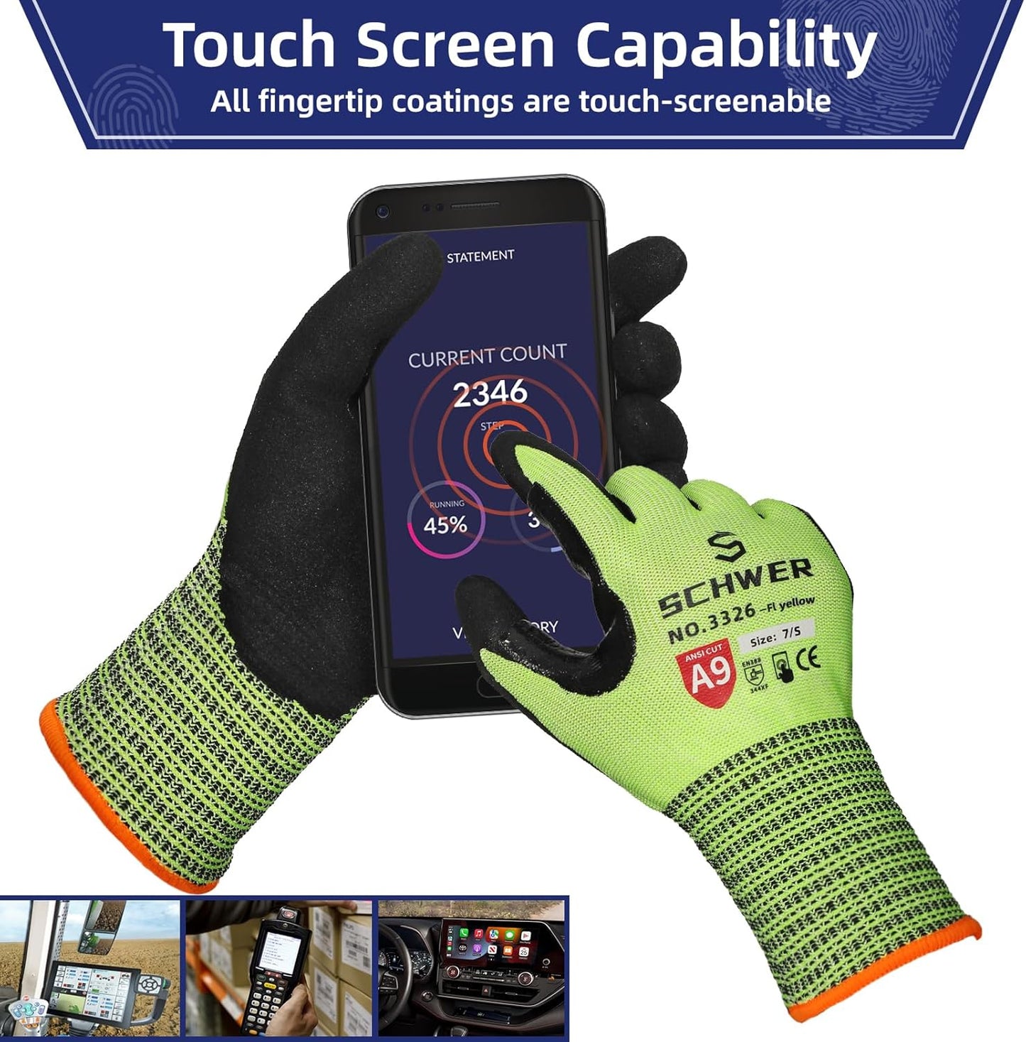 Schwer ProGuard Highest Level Cut Resistant Work Gloves PR3326 for Extreme Protection,ANSI A9 Cut Gloves with Reinforced Thumb, Non Slip, Breathable, Durable, Touch-screen, Non PFAS, Yellow 1 Pair(M)