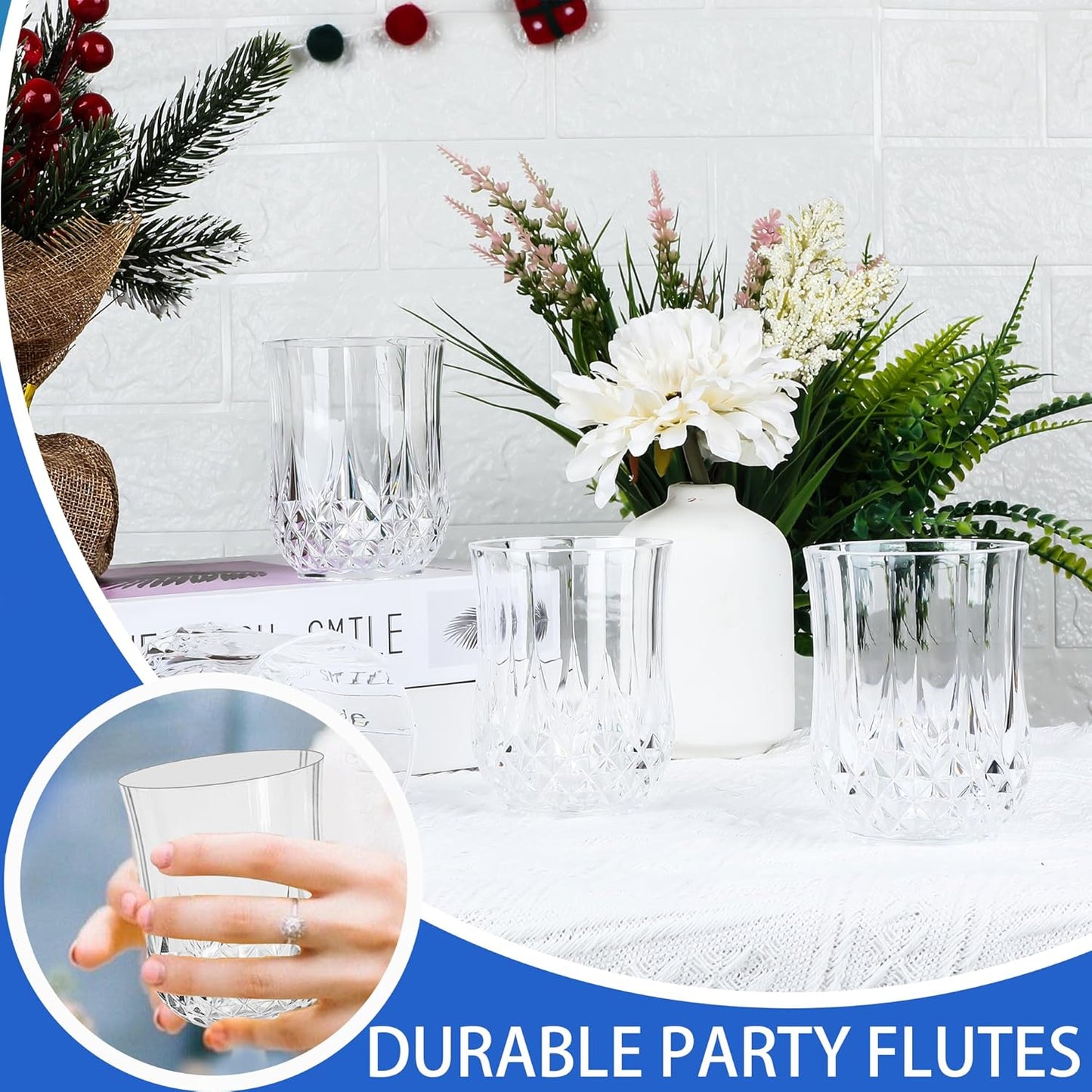 24 PCS Transparent Stemless Wine Glasses,Plastic Reusable Cups 9OZ Vintage Drinking Glasses Tumblers for Whisky, Beer, Juice, Beverages, Cocktai