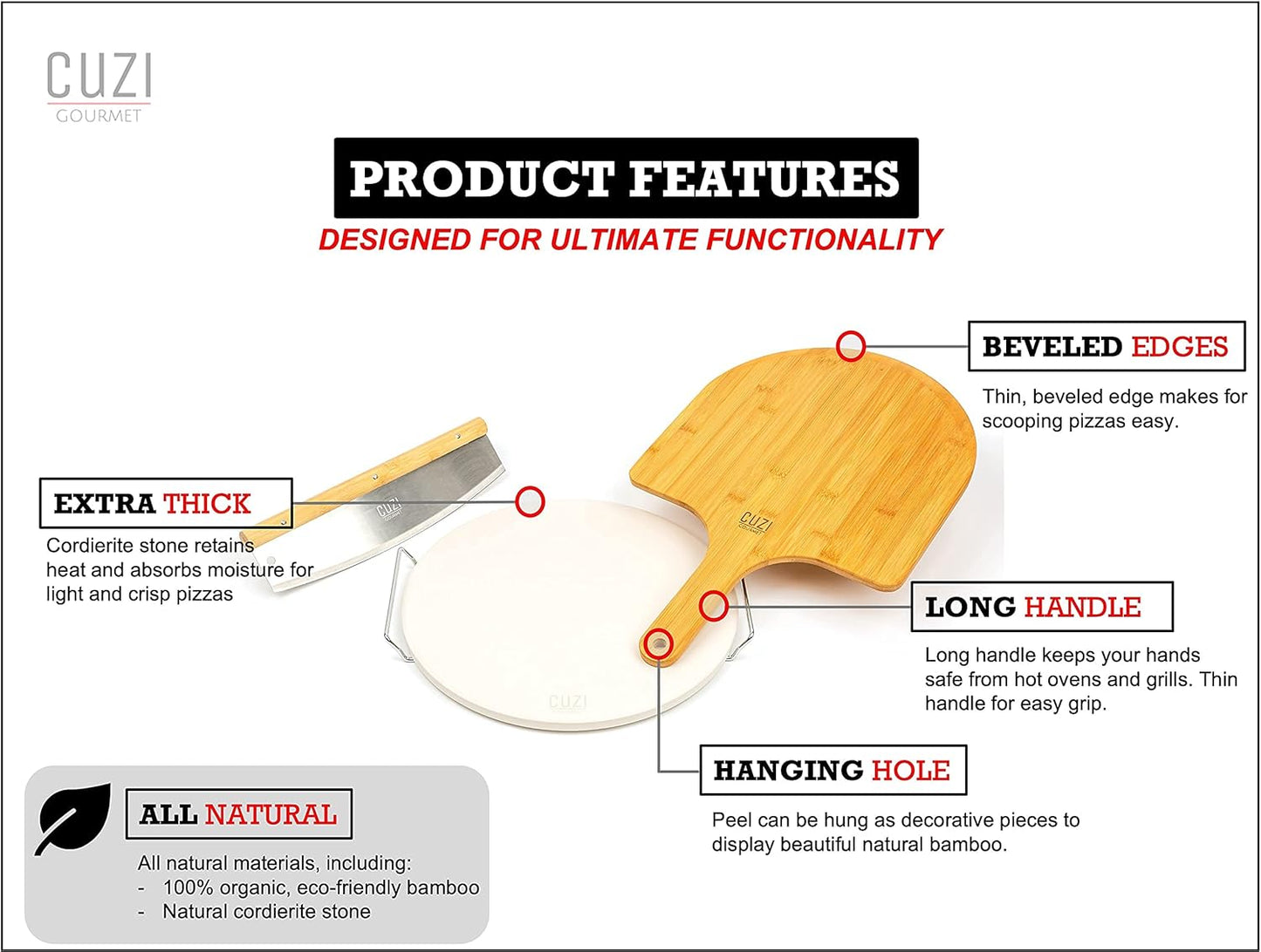 Cuzi Gourmet XL 4-Piece Pizza Stone Set - 15" Thermal Shock Resistant Cordierite Baking Stone, 22" Natural Bamboo Peel & Cutter Rocker - Large Stone for Grill and Oven