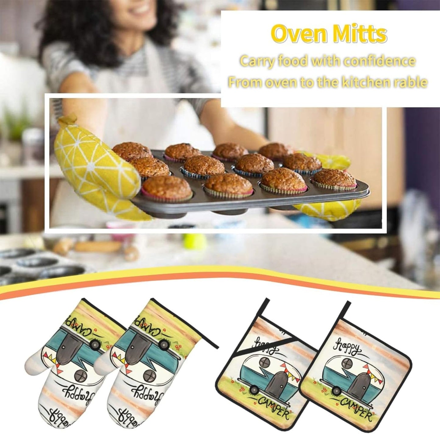 Happy Camper Oven Mitts and Pot Holders Sets of 4,Resistant Hot Pads with Polyester Non-Slip BBQ Gloves for Kitchen,Cooking,Baking,Grilling