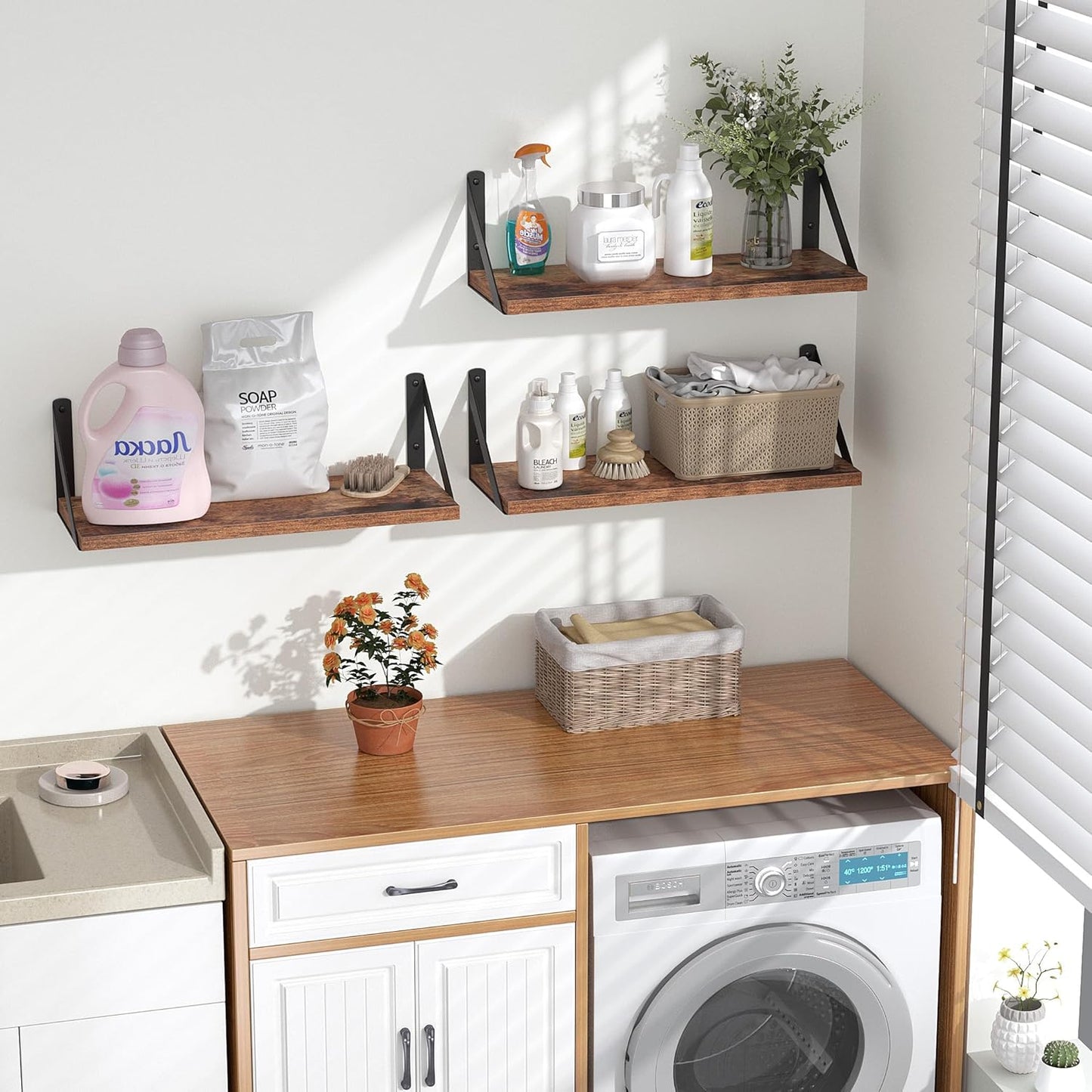 Heimlove Floating Shelves for Wall, 16 Inch Long Wood Floating Shelves Set of 3, Wall Mounted Hanging Shelf for Bathroom Bedroom Kitchen, Rustic Brown