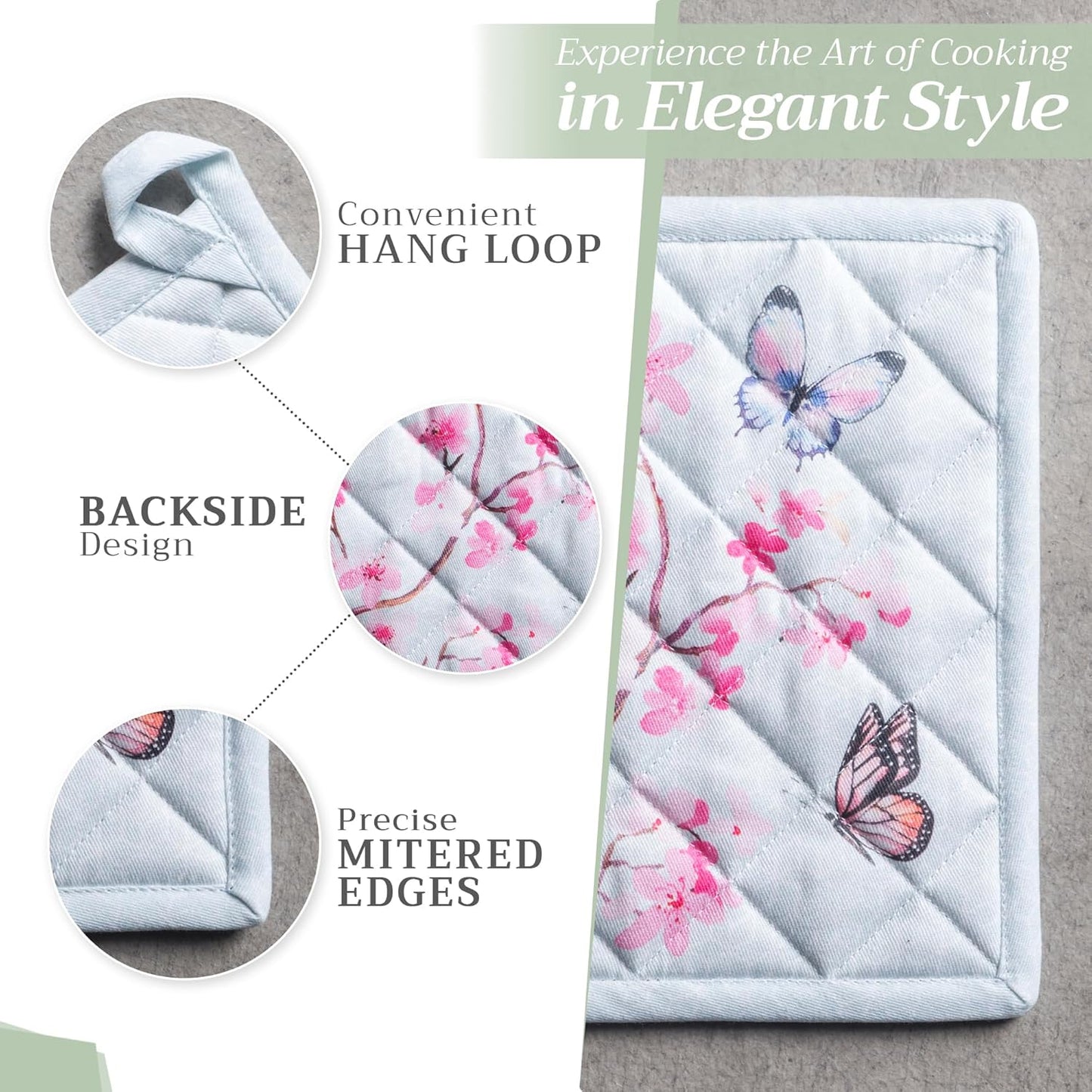 Maison d' Hermine Pot Holders Set 100% Cotton Heat Resistant Potholders 8" x 8" Hot Pads with Loop BBQ, Cooking, Grilling, Kitchen, Handling Hot Pans Spring/Summer (Pack of 2, Blossoms in Spring)