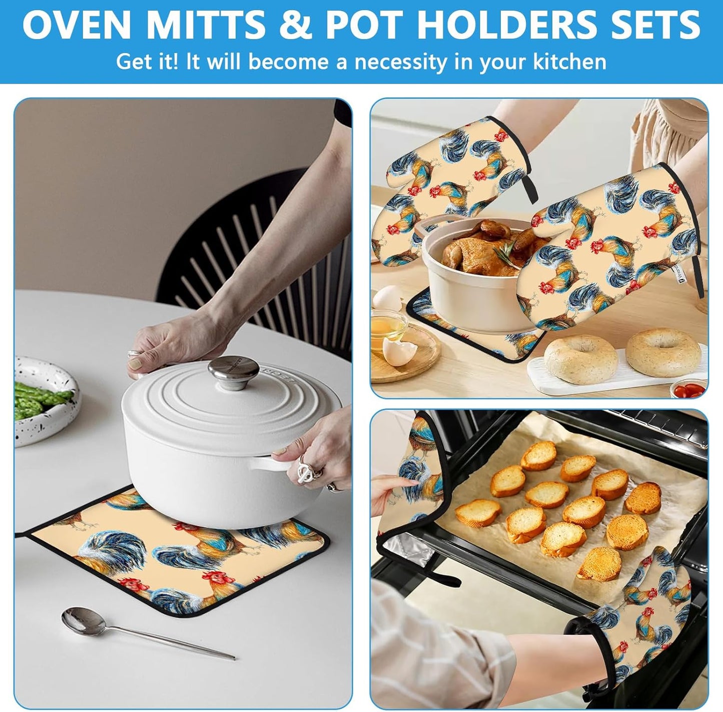 Watercolor Rooster Oven Mitts and Pot Holders Sets Heat Resistant 4Pcs Potholders Oven Gloves Hot Pads for Kitchen Baking Cooking Grilling BBQ