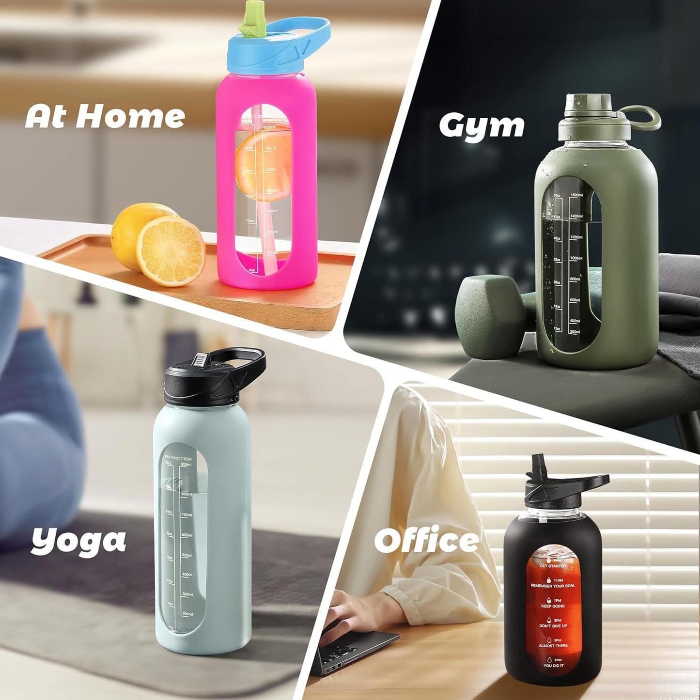 CIVAGO 32 oz Glass Water Bottle with Straw and Handle, Large Sports Motivational Water Bottle Flask with Time Marker and 2 Lids, Leakproof Water Jug Canteen with Silicone Sleeve for Gym,Smog Blue