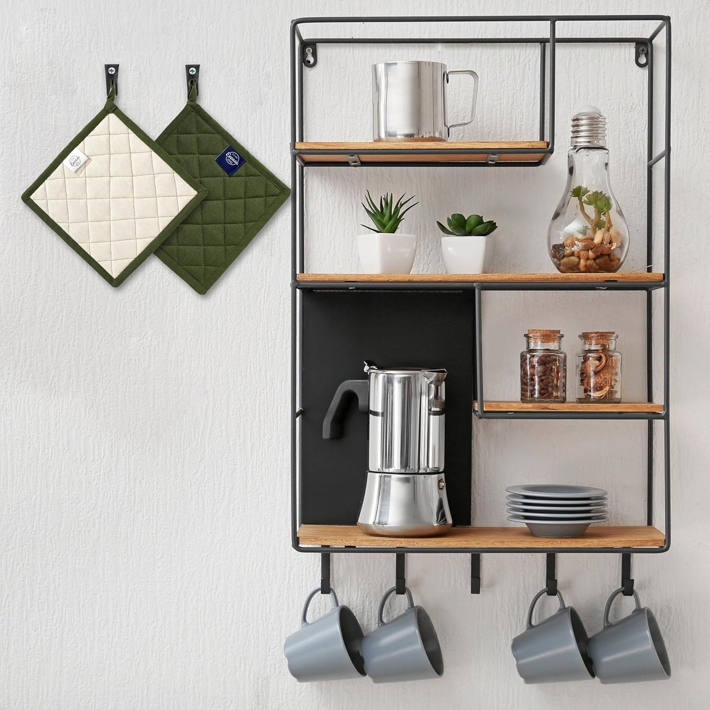 Encasa XO Heat Resistant Cotton Pot Holders with Hanging Loop - Set of 2 - Leaf Green - Multipurpose Quilted Everyday Hot Pad for Kitchen, Camping, BBQ & Microwave - 8x8 in