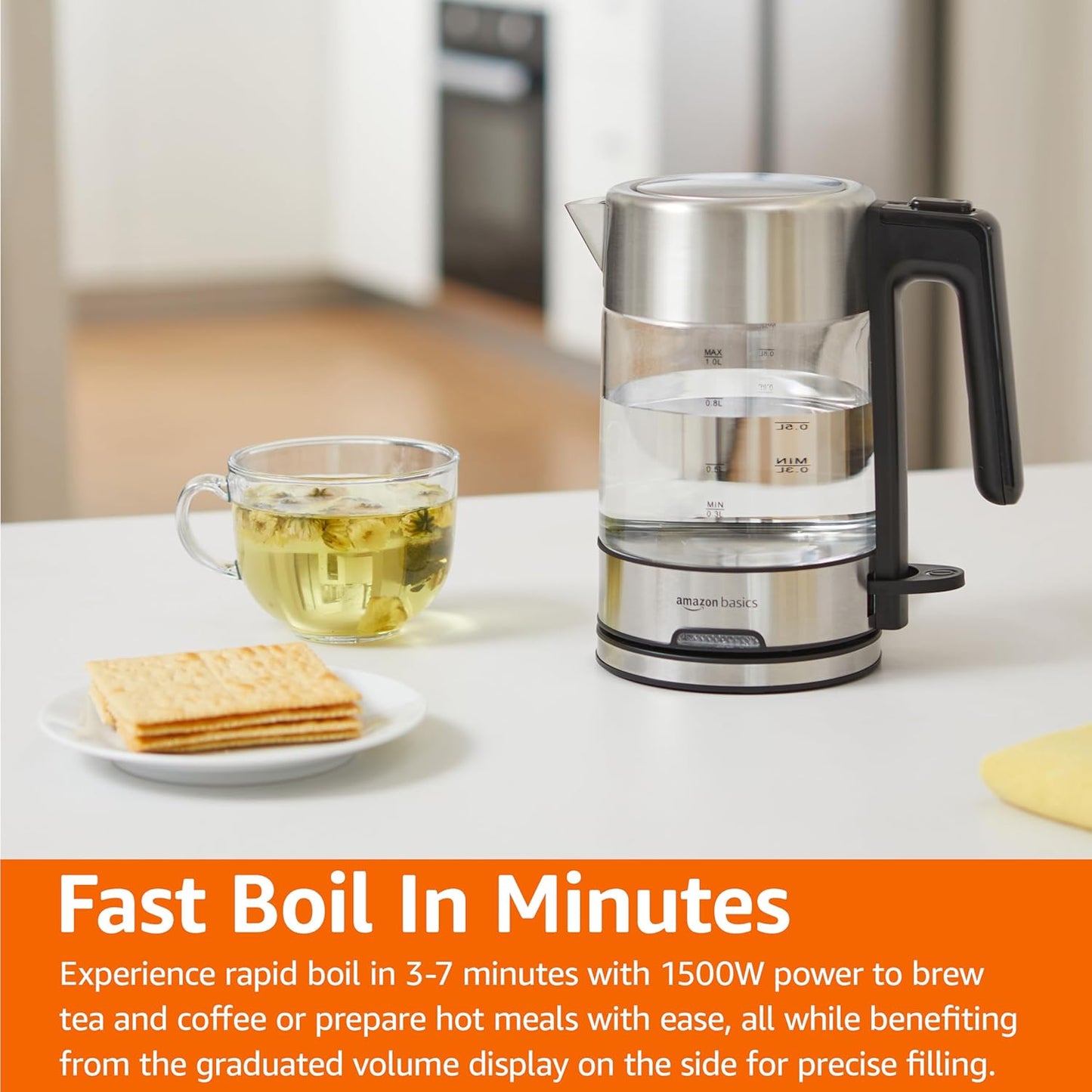 Amazon Basics Electric Kettle with Glass Carafe for Tea and Coffee, BPA-Free, Fast Boiling, Auto Shut-Off, 1 liter , 1500W, Glass and Steel