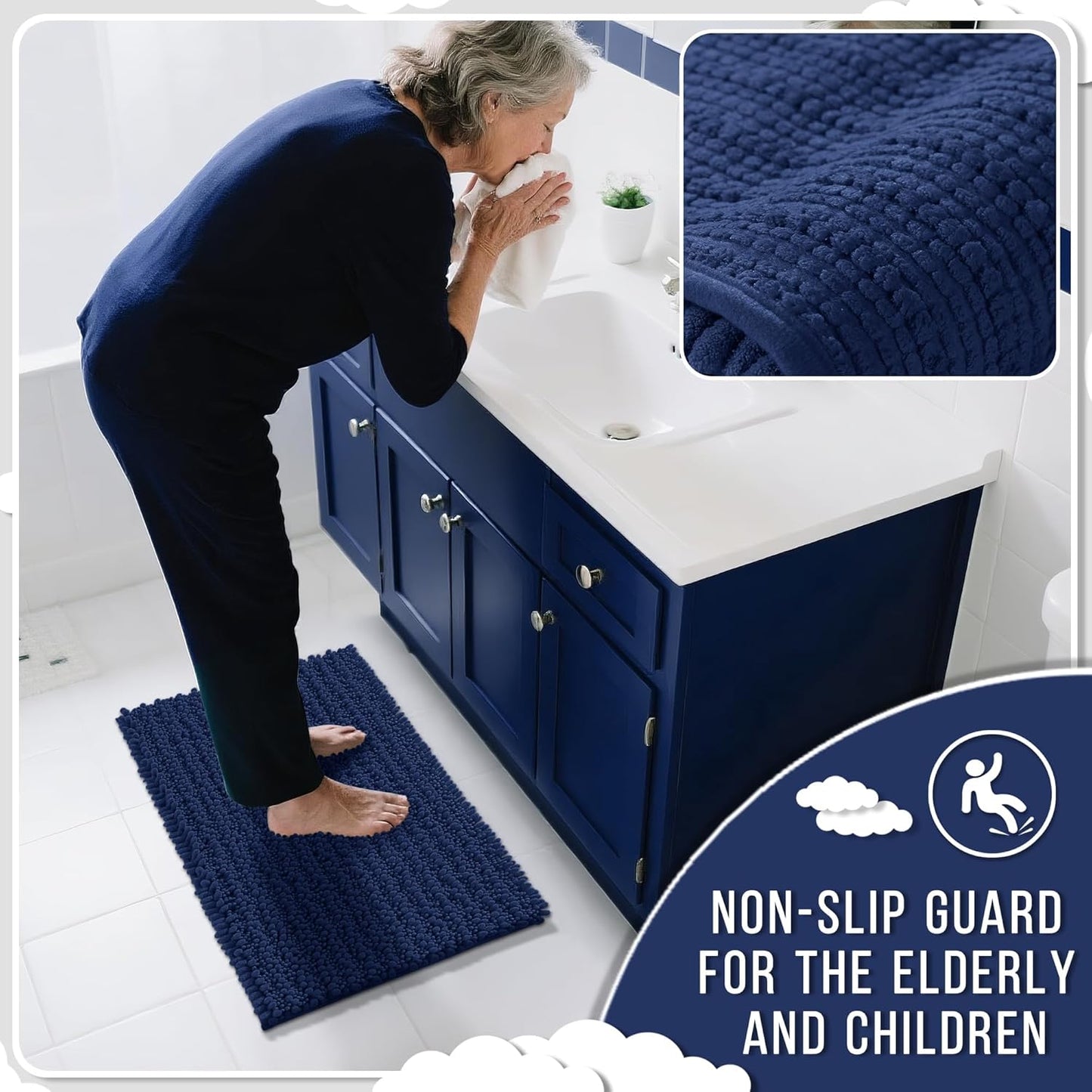 Yimobra Bathroom Runner Rug 70x24 Inch - Extra Long Non Slip Chenille Bath Mat, Soft & Absorbent, Machine Washable Shaggy Hallway Carpet for Vanity Tub Shower, Navy Blue Home Decor Accessories