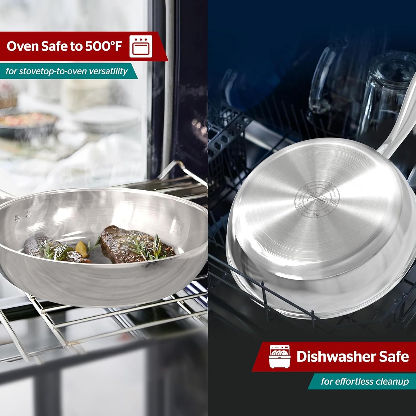 Sunhouse 10 Inch 18/10 Chef Series Stainless Steel Frying Pan, Tri-Ply Stainless Steel Construction, PFOA-FREE, Stay-Cool Handle, Induction Compatible with All Cooktops, Dishwasher Safe