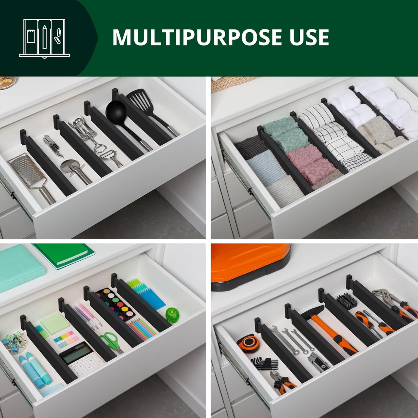 ROYAL CRAFT WOOD Adjustable Bamboo Drawer Dividers – Expandable Organizer for Kitchen, Bedroom, Bathroom, Dresser & Office – 4-Pack 17-22", Black