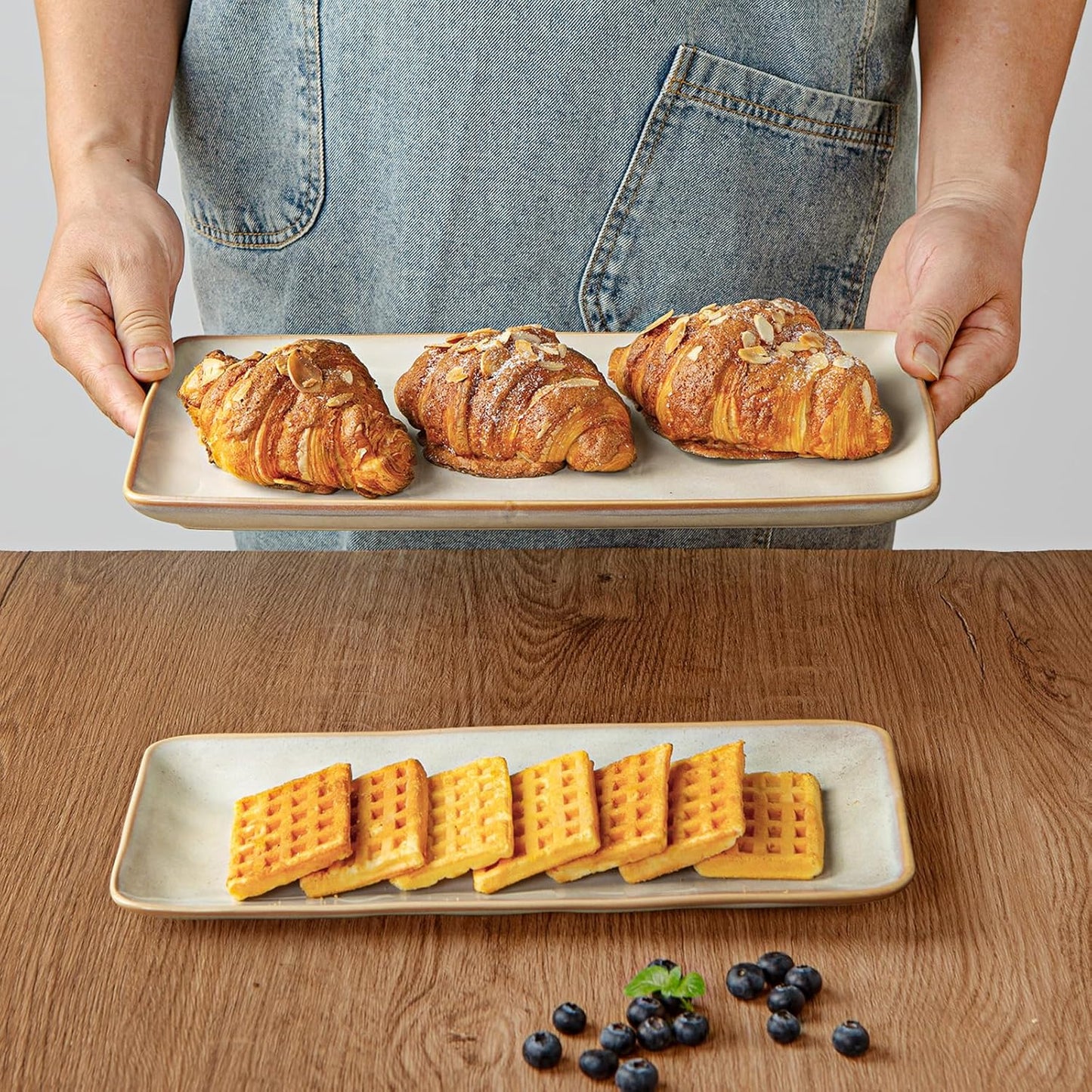 famiware Serving Platter, Rectangular 15.67/14.1/12.6 inch Serving Dishes for Entertaining, Microwave Dishwasher Safe, Stonware Serving Trays for Party, Turkey, Cheese, Ocean Series, Cappuccino White