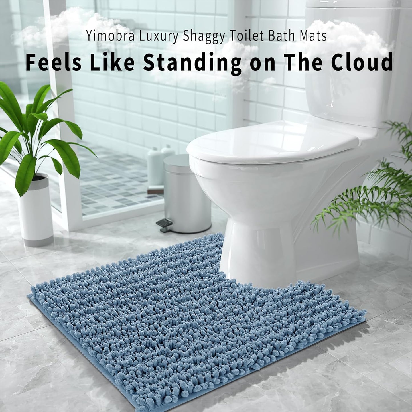 Yimobra Toilet Rug U Shaped Washable 24x20 Inch - Ultra Soft Absorbent Chenille Bath Rugs for Toilet, Quick Dry & Machine Washable, Non Slip Contour Bathroom Mat, Denim Blue