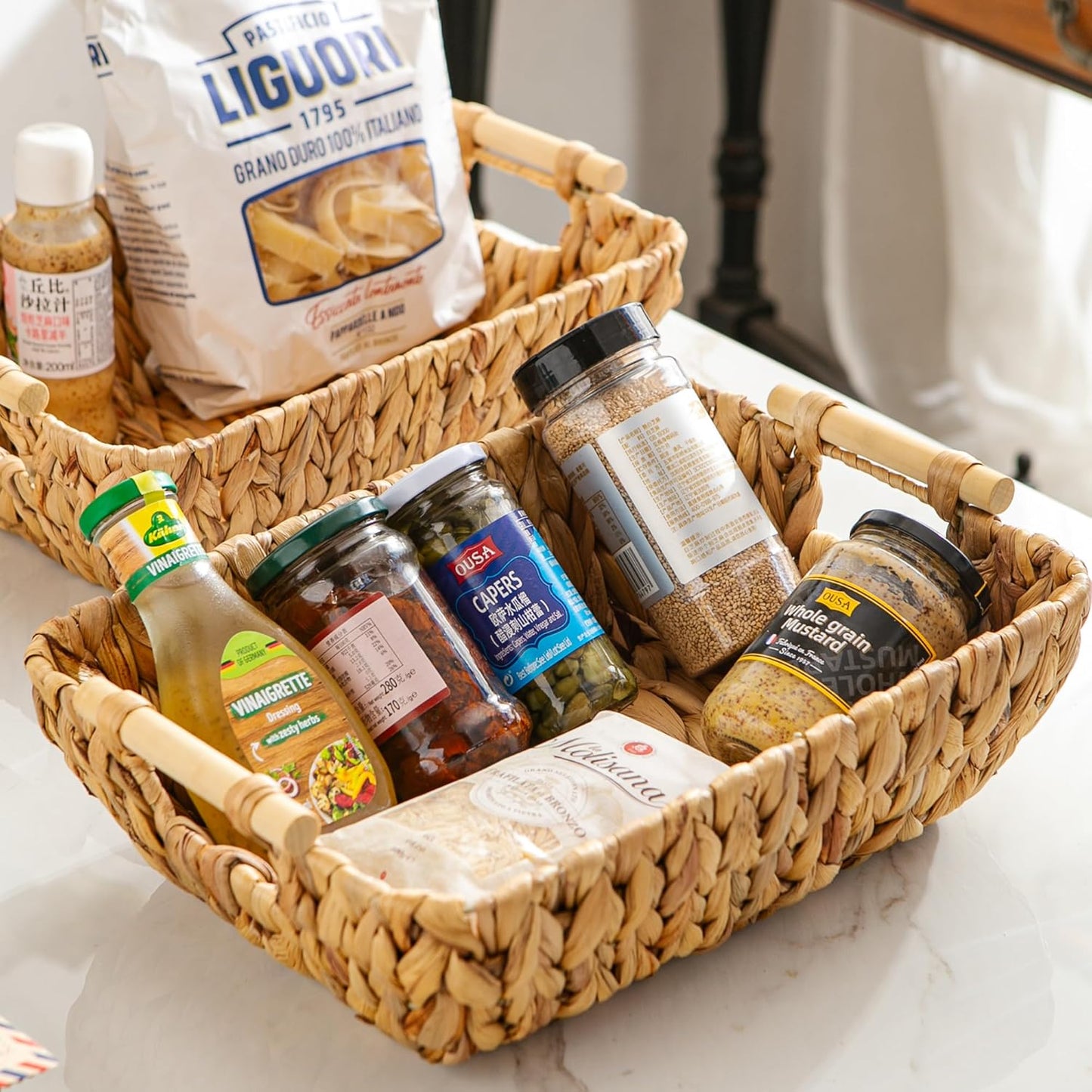 Woven Storage Baskets – Set of 2 Handwoven Water Hyacinth Wicker Baskets with Wooden Handles for Organizing, Decorative Baskets for Laundry Room, Home Decor - 2 Medium