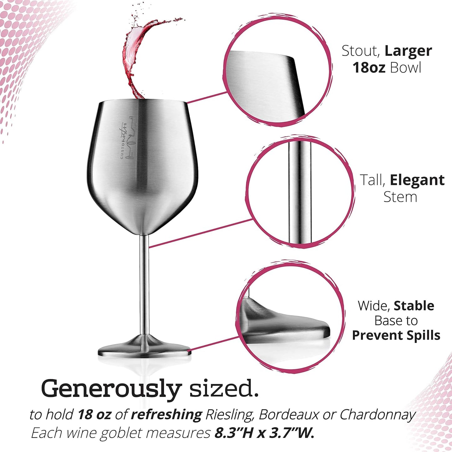 Gusto Nostro Stainless Steel Wine Glass - 18 oz - Cute, Unbreakable Wine Glasses for Travel, Camping and Pool - Fancy, Unique and Cool Portable Metal Wine Glass for Outdoor Events, Picnics (Set of 2)