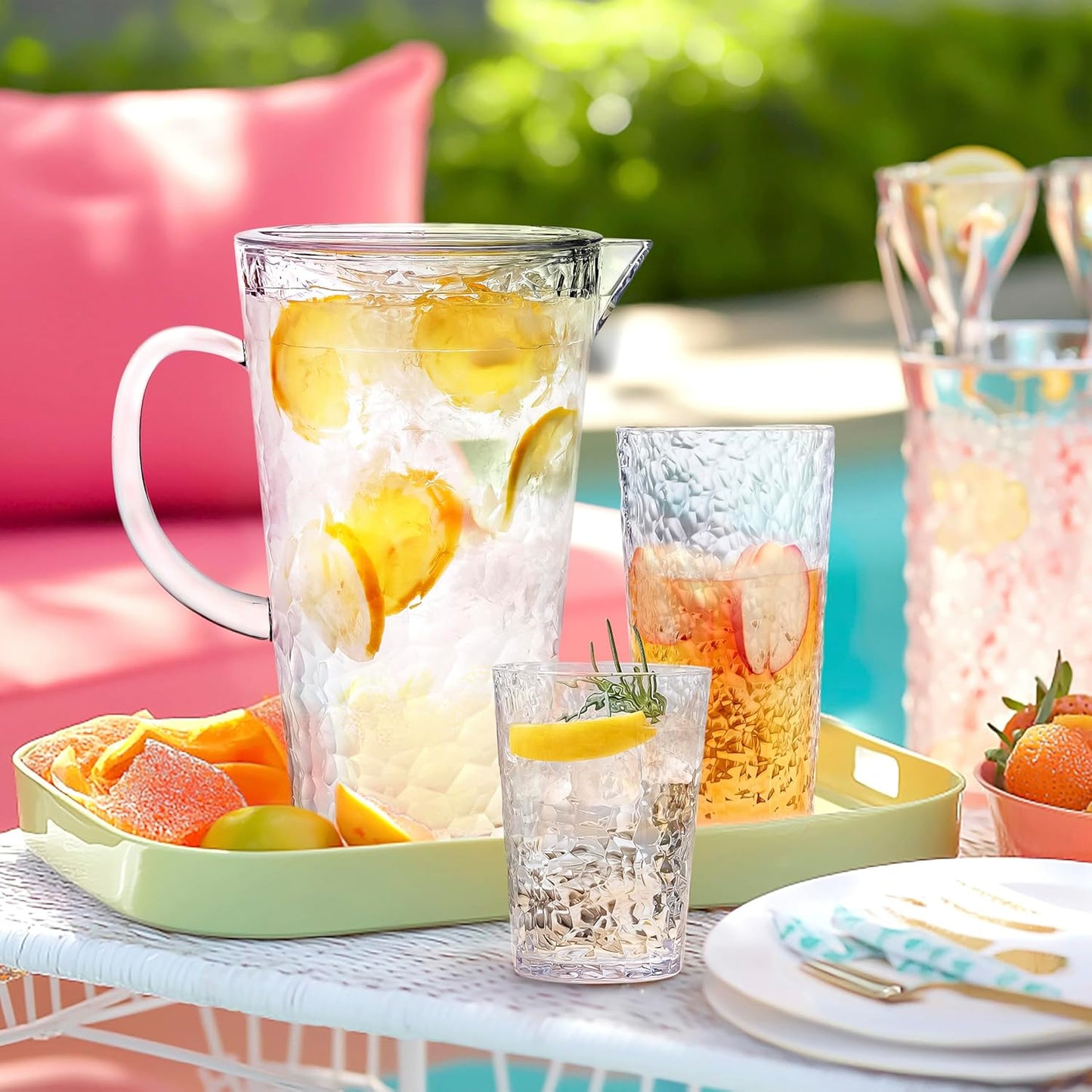 Bzyoo 74oz Clear ChillCraft Water Jug, BPA-Free Pitcher with Lid, Hammered Glass-Style Durable Plastic, Ripple Effect Design, Easy-Pour Spout, Ideal for Orange Juice, Iced Tea, Infused Waters