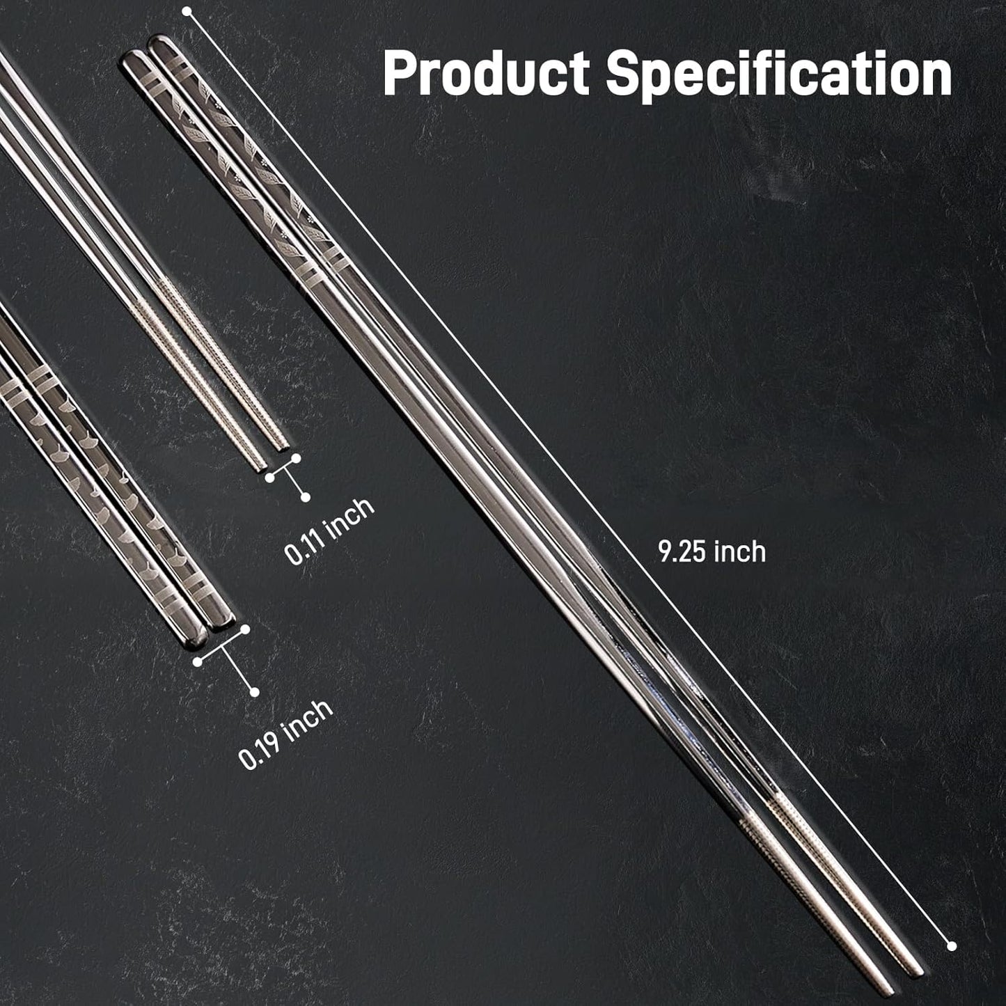 Metal Chopsticks Reusable 5 Pairs Stainless Steel Chopsticks Japanese Chinese Korean Metal Chop Sticks Dishwasher Safe Non Slip Cute Laser Engraved 9.25 Inch for Cooking Eating Gift Set