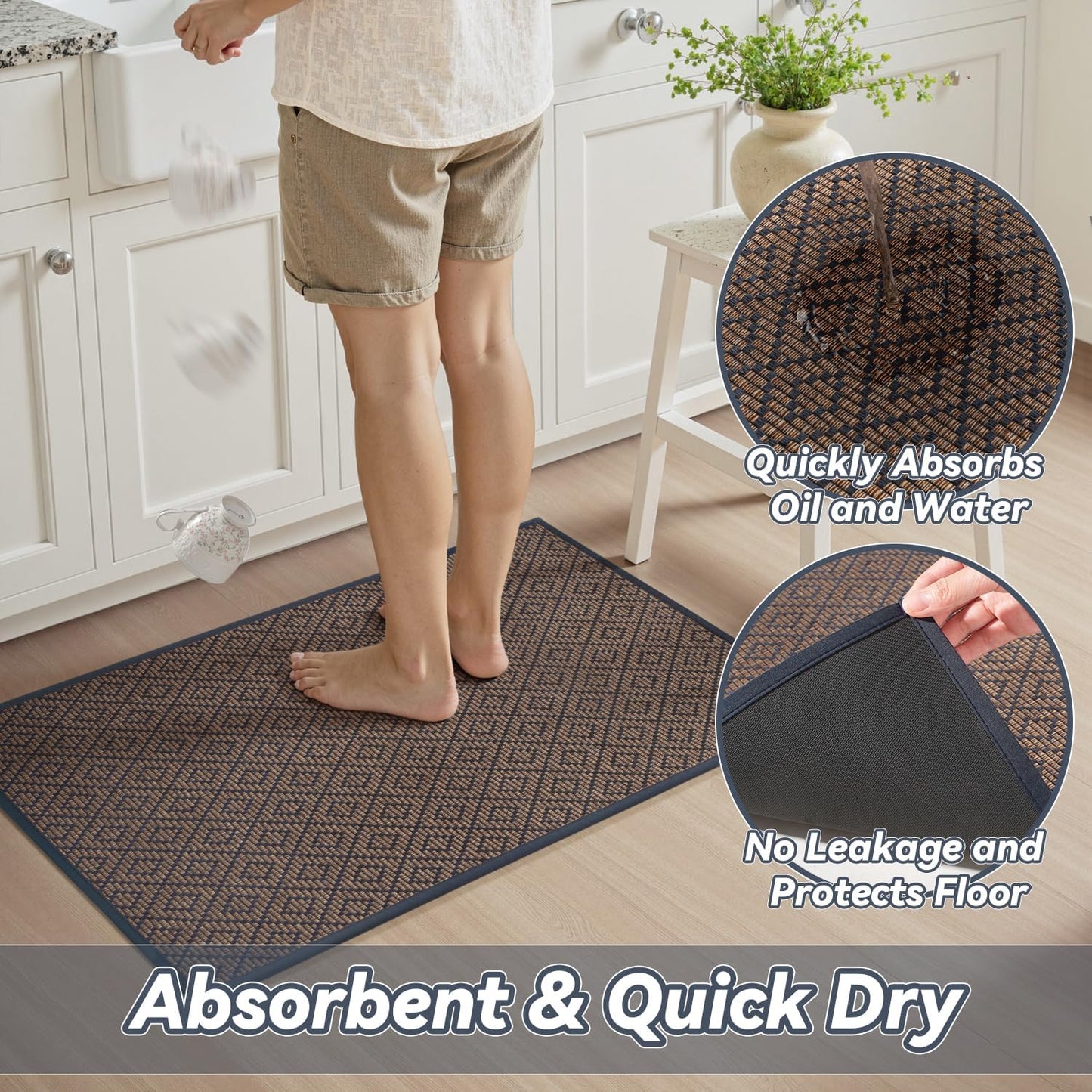 PADOOR Kitchen Runner, Rubber Backed Kitchen Runner Rugs Non Skid Washable, Super Absorbent Kitchen Mats for Floor Front of Sink, 20"x70" Blue