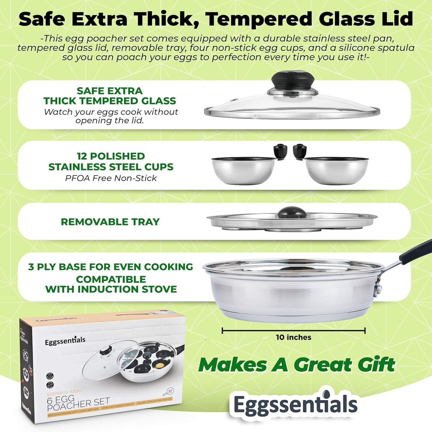 Eggssentials Poached Egg Maker Stainless Steel Egg Poacher Pan Food Grade Safe PFOA Free with Spatula