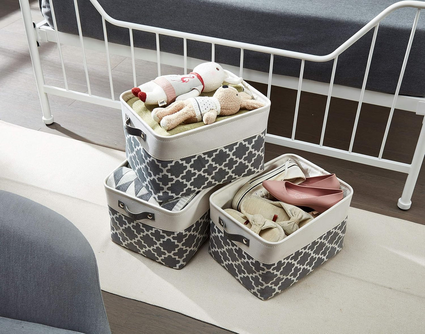 DECOMOMO Grey Storage Bins Fabric Storage Baskets for Shelves, Linen Closet Organization Toys Nursery (Grey Patterns, Large - 3 Pack)