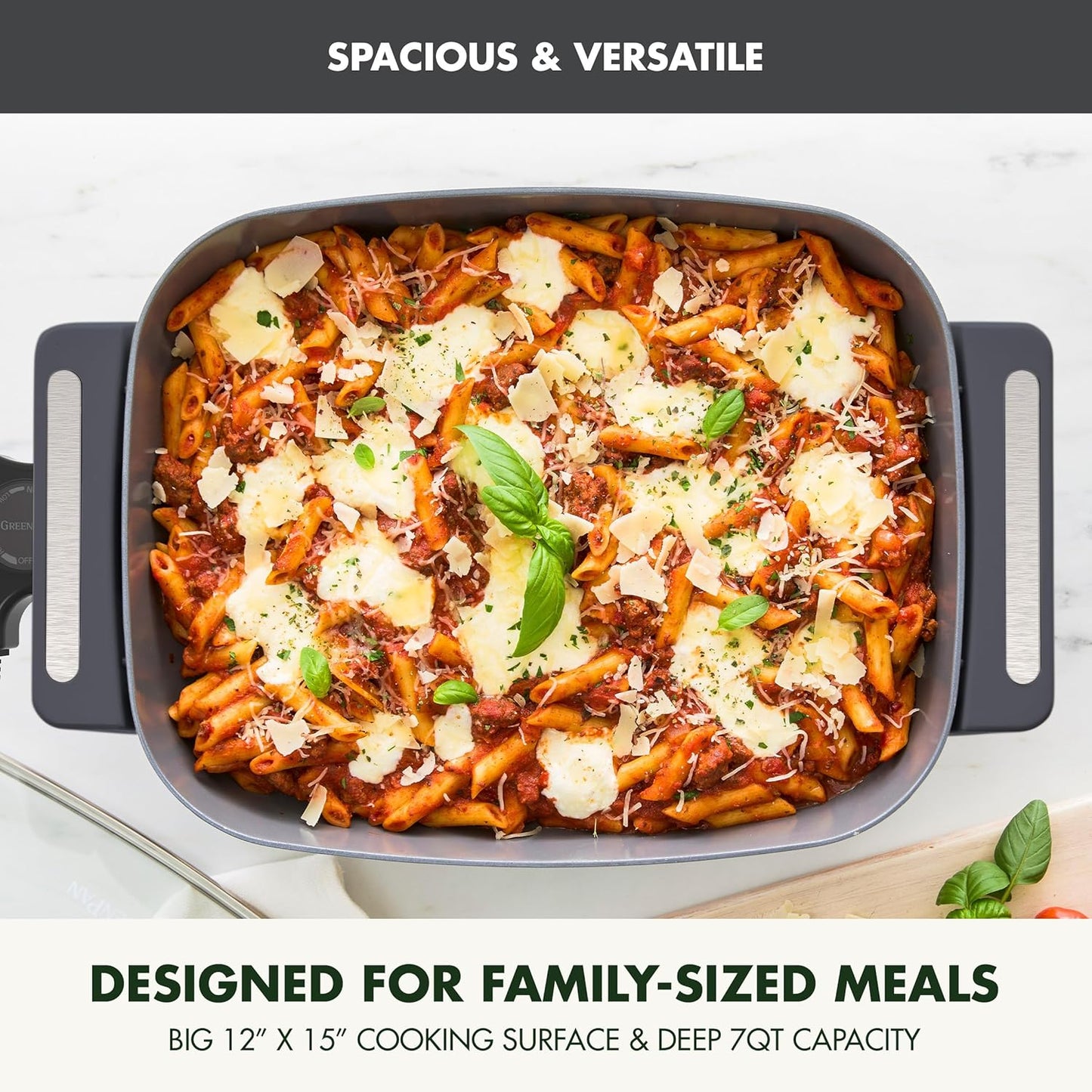 GreenPan Advanced 12” X 15” Electric Skillet with Lid, 7QT Capacity for Family Meals, Healthy Ceramic Nonstick PFAS-Free Coating, Fry, Sauté, Steam, Simmer, Sear, Stir Fry, Dishwasher Safe, Graphite