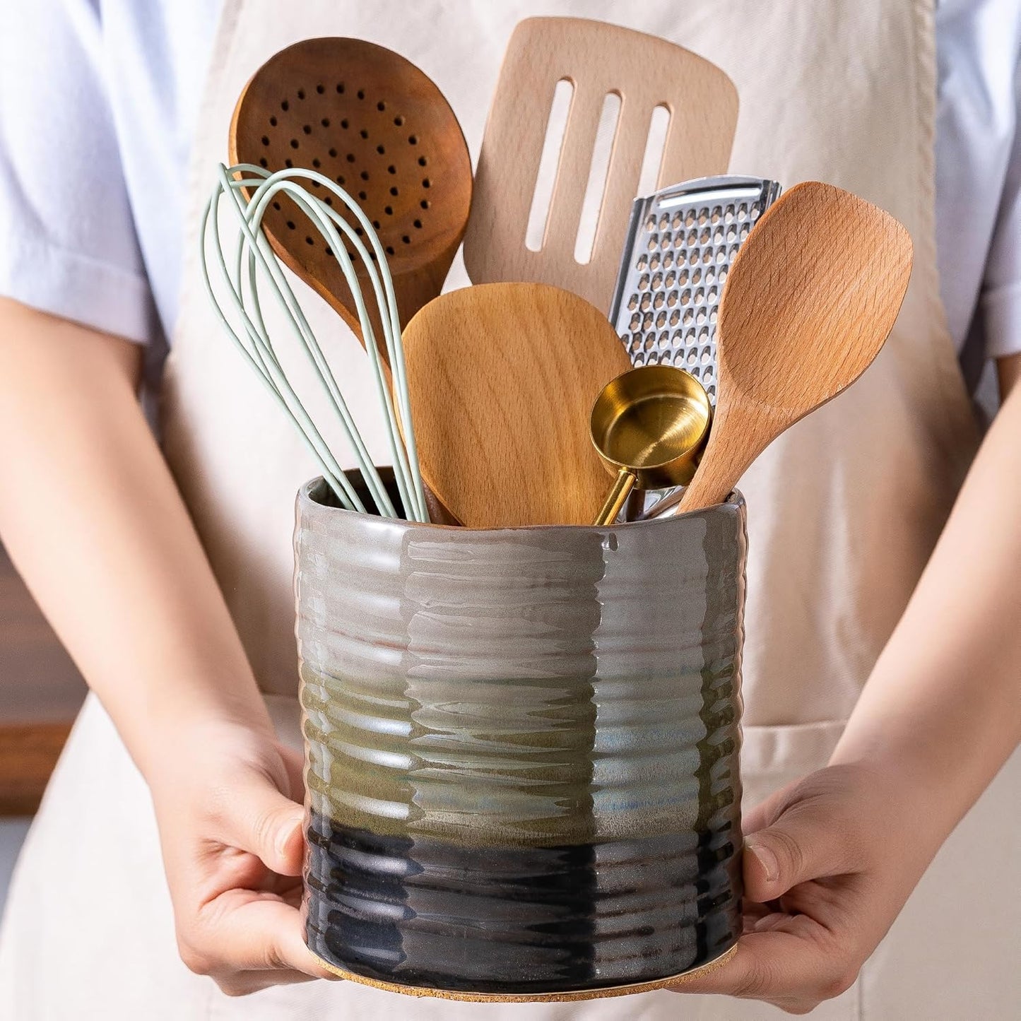 Utensil Holder 5.3" for Countertop, Ceramic Utensil Crocks for Kitchen Counter, Farmhouse Kitchen Décor Utensil Holder, Protection Cork Bottom