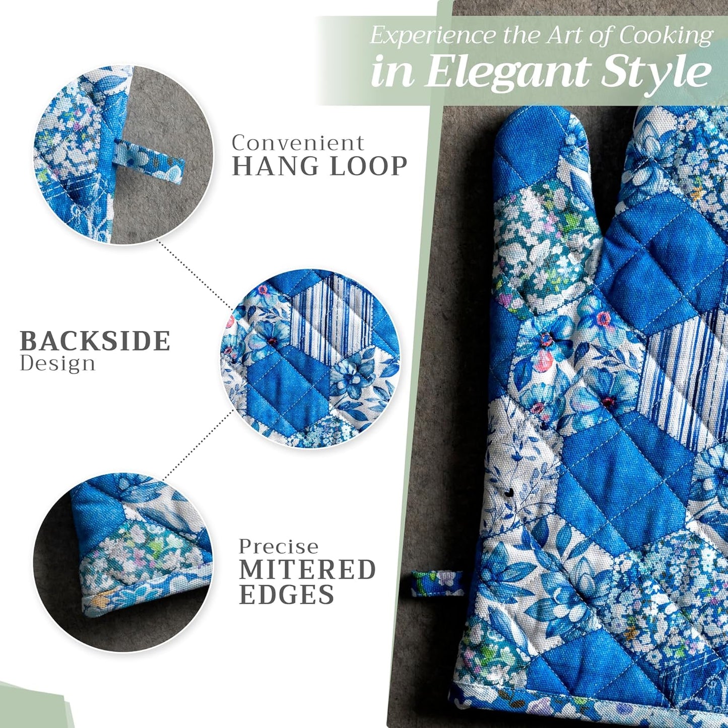 Maison d' Hermine Oven Gloves 100% Cotton Oven Mitt 7" x 13" with Loop Heat Resistant, BBQ, Cooking Gloves, Baking, Grilling, Kitchen, Handling Hot Pans Spring/Summer (Pack of 1, Summer Blues)