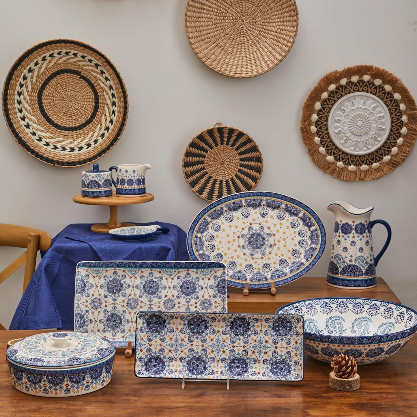 Bico Blue Talavera Ceramic Sugar and Creamer Set, Sugar Bowl with Lid, Cute Container for Coffee Bar, Kitchen Countertop Accessories, Microwave and Dishwasher Safe