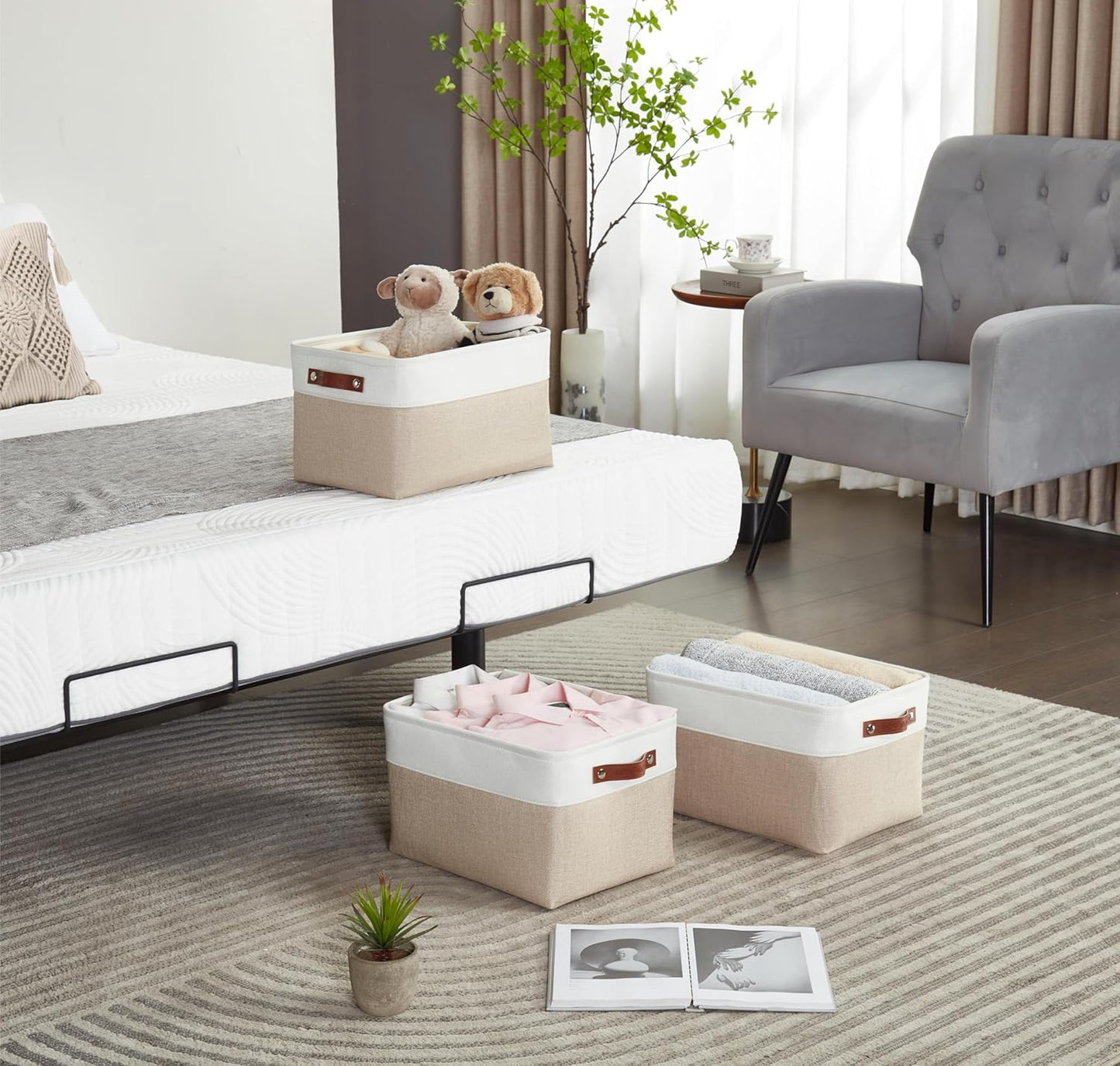 DECOMOMO Storage Baskets for Shelves - Fabric Storage Bins, Linen Closet Organizers and Storage (Beige & White, Large - 1 Pack)