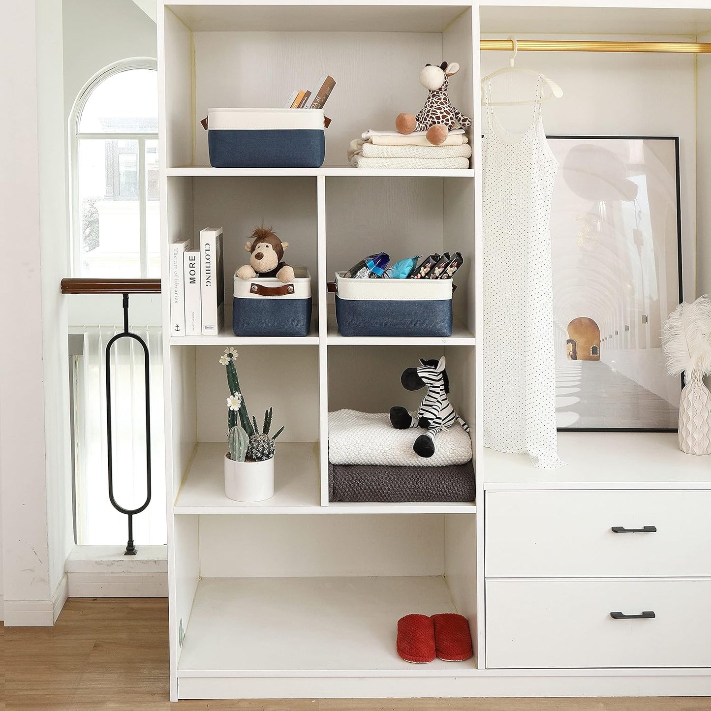 OrganiHaus Small Fabric Storage Baskets for Shelves 3 Pack, 12x8in Closet Storage Bins for Shelves, Cloth Baskets for Organizing, Linen Closet Organizers, Fabric Basket, Navy Blue/White