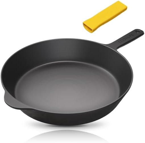 COOKLIFE 12 Inch Lightweight Pre-Seasoned Cast Iron Skillets with Handle Cover - Smooth Polished Surface, Easy to Clean Cast Iron Pan Use in the Oven, on the Stove or Grill, Over a Campfire
