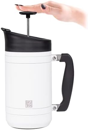 Basecamp Coffee Press - Double Wall Vacuum Insulated Stainless Steel - Bru-Stop Technology, No Grounds in Coffee, No Spill Lid (Snowflake White, 32 fl.oz)